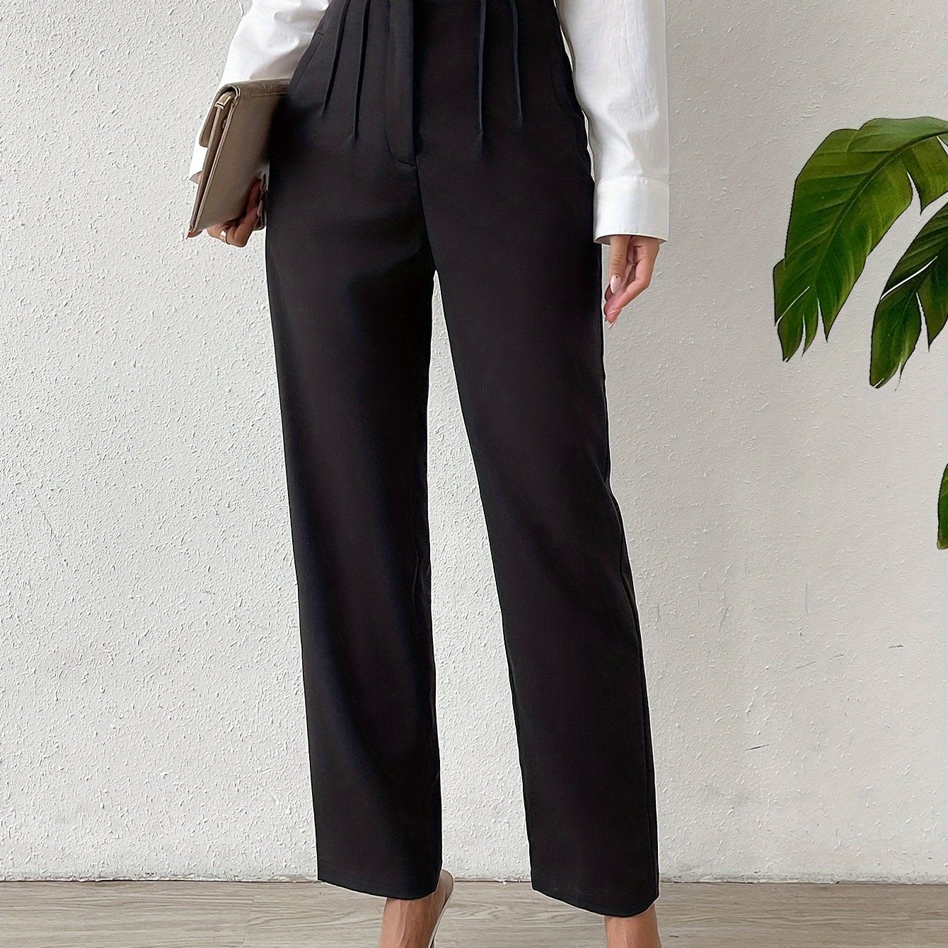 vlovelaw Solid High Waist Pants, Elegant Straight Leg Ruched Pants, Women's Clothing