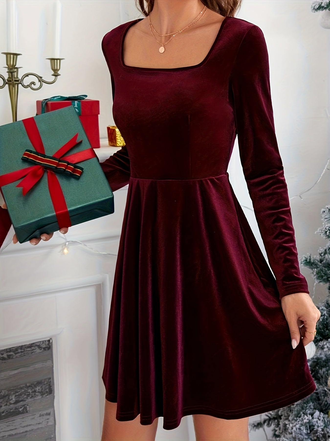 Solid Squared Neck Mini Dress, Elegant Long Sleeve Party Dress, Women's Clothing