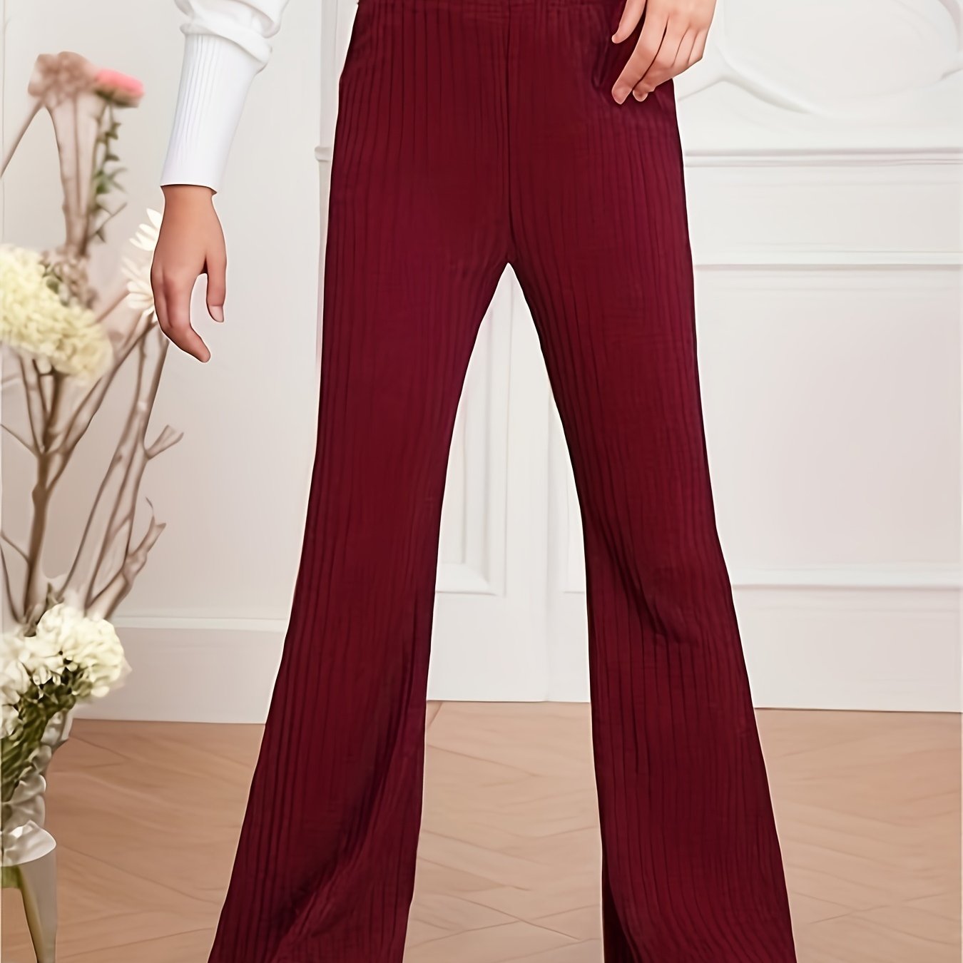 vlovelaw Girl's Trendy Solid Textured Flare Pants, Elastic Waist Slim Fit Casual Pants For Autumn/winter, Kids Clothing