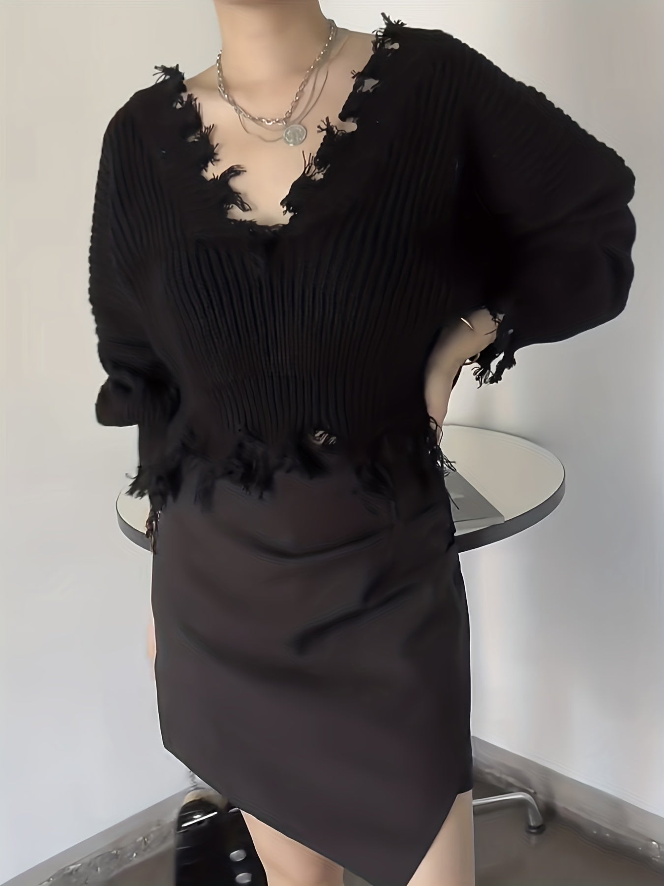 vlovelaw Vintage V Neck Ripped Knit Sweater, Elegant Long Sleeve Raw Hem Loose Sweater, Women's Clothing
