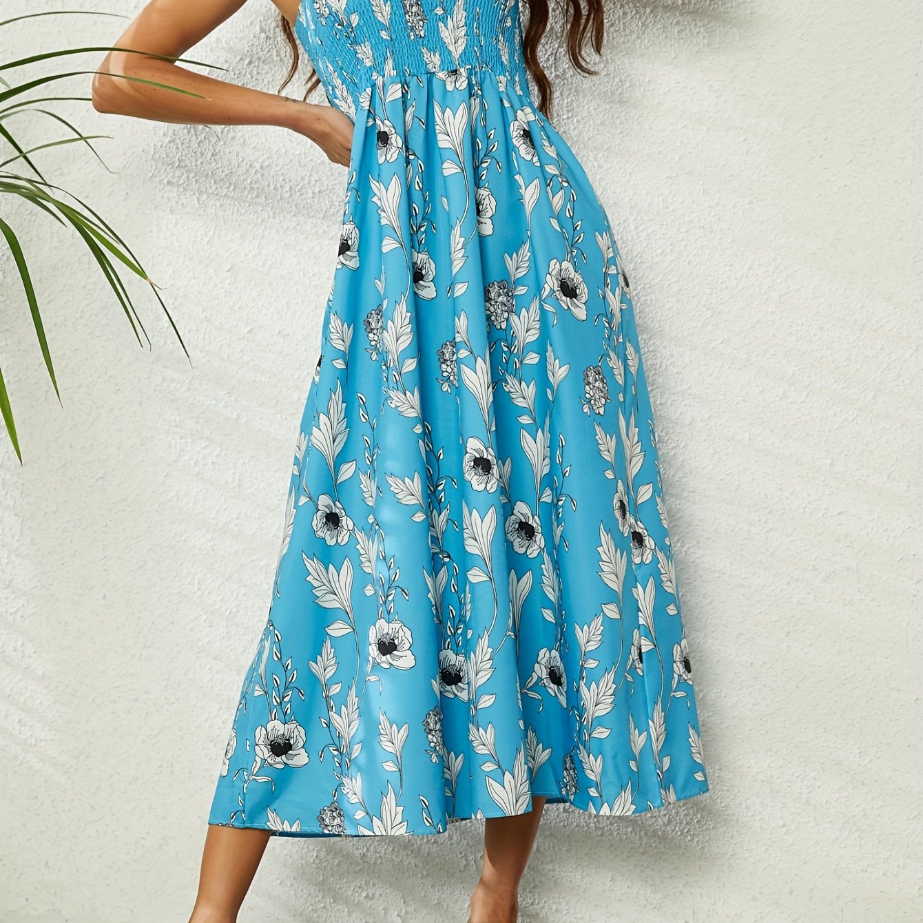 vlovelaw Floral Print Shirred Dress, Boho Knotted Sleeveless High Waist Dress, Women's Clothing