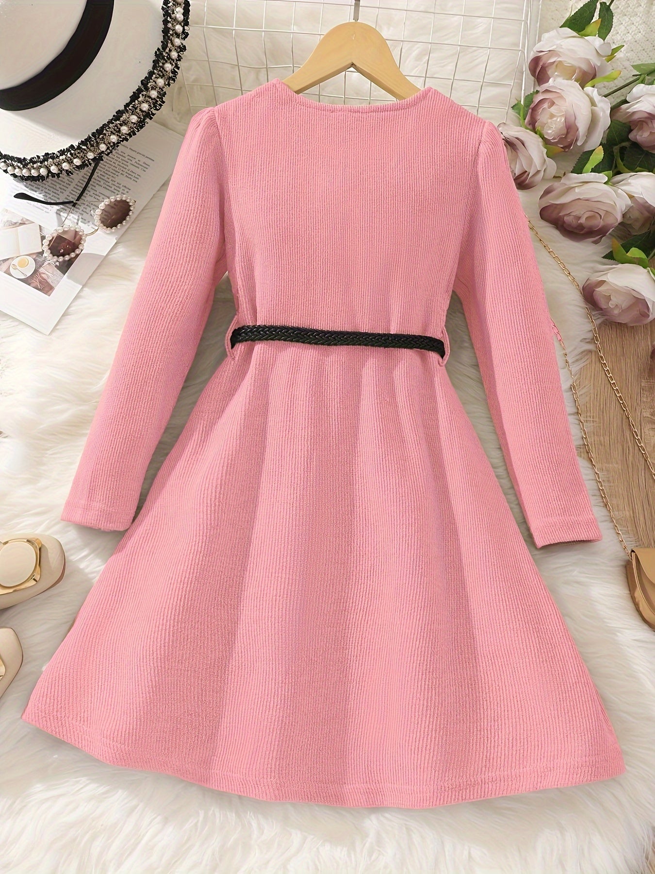 Girl's Elegant Textured Button Up Maxi Dress For Spring/autumn, Kids Clothing