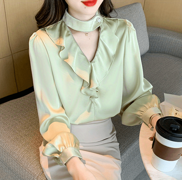 Solid Ruffle Choker Neck Blouse, Elegant Lantern Long Sleeve Blouse For Spring & Fall, Women's Clothing