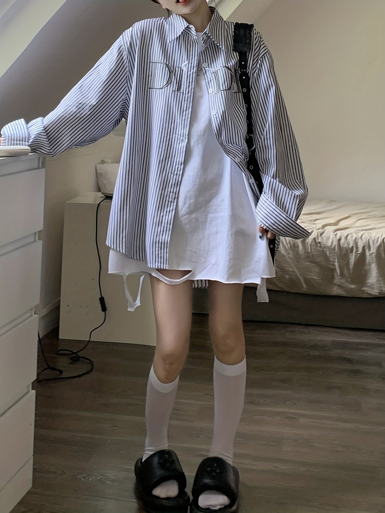 vlovelaw Letter & Stripe Pattern Shirt, Casual Button Front Long Sleeve Shirt, Women's Clothing