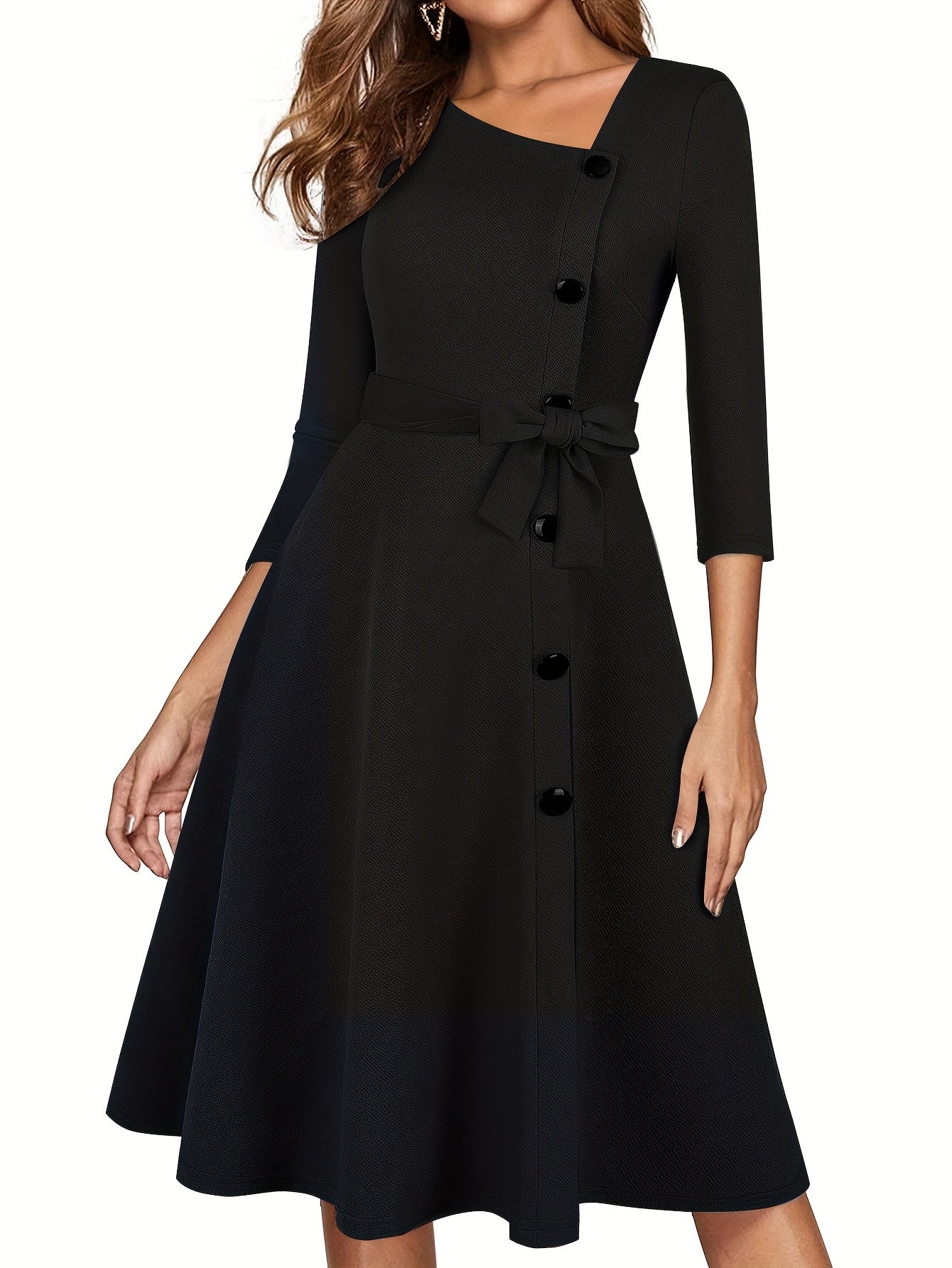 vlovelaw Asymmetrical Neck Solid Dress, Elegant 3/4 Sleeve Mini Dress, Women's Clothing