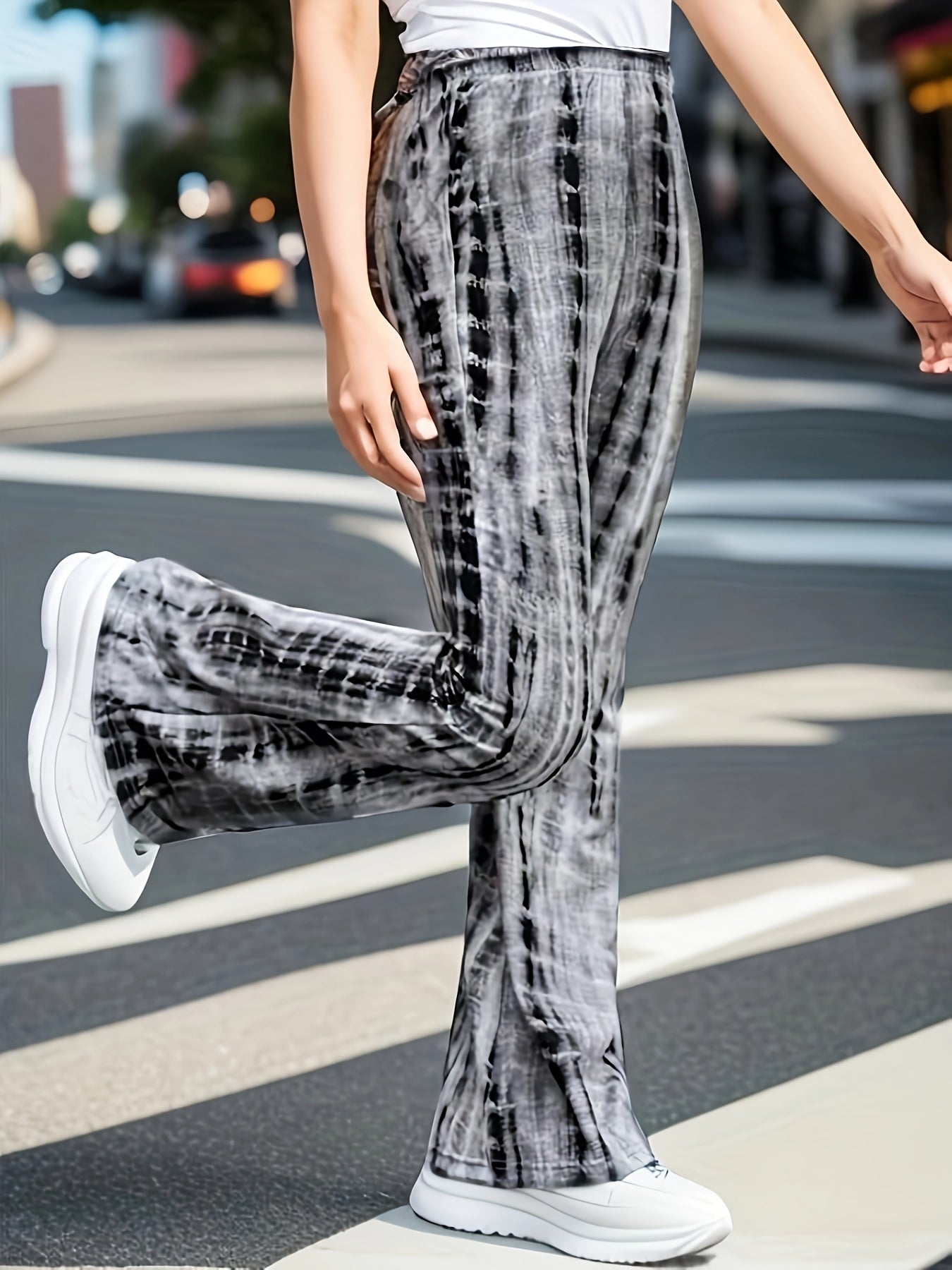 Girls Stylish Black Tie Dye Print Knit High Waisted Flare Leg Pants, Slim Fitting