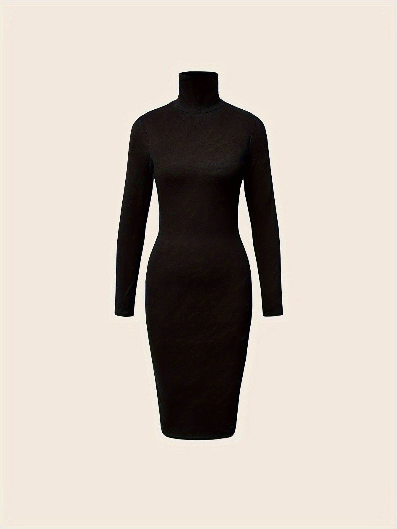 Turtleneck Solid Midi Dress, Elegant Long Sleeve Bodycon Dress, Women's Clothing