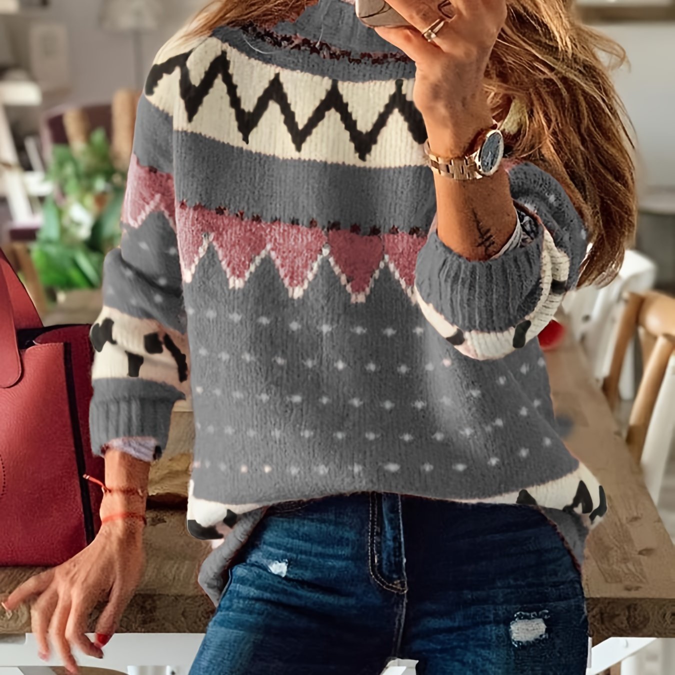 vlovelaw Graphic Pattern Mock Neck Sweater, Casual Long Sleeve Sweater For Fall & Winter, Women's Clothing