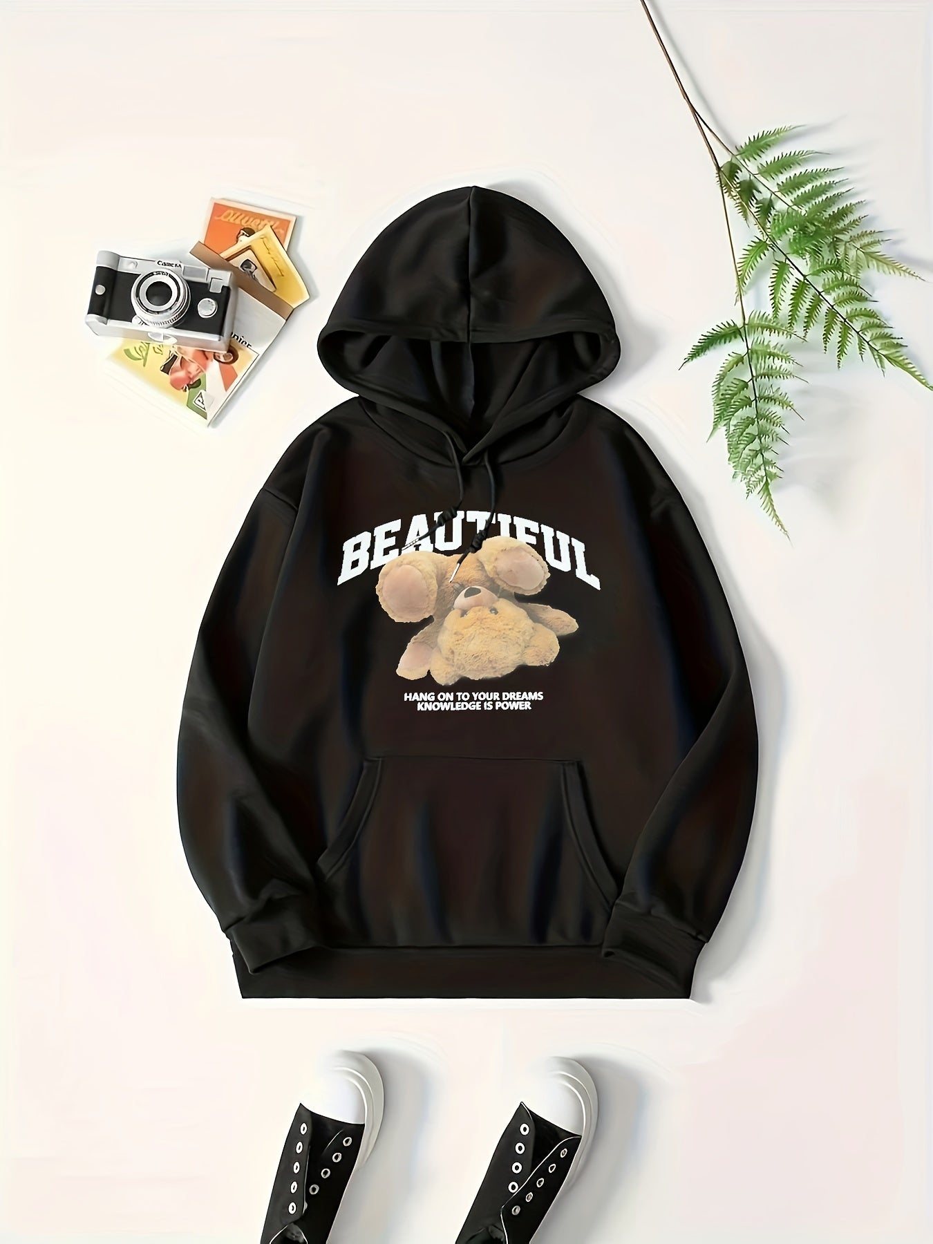 Bear Print Kangaroo Pocket Hoodie, Casual Long Sleeve Drawstring Hoodies Sweatshirt, Women's Clothing