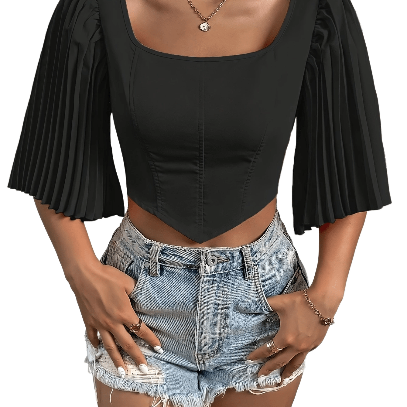 vlovelaw Solid Color Striped Spliced T-shirt, Boho Bustier Tie Back Short Sleeve T-Shirt For Spring & Summer, Women's Clothing