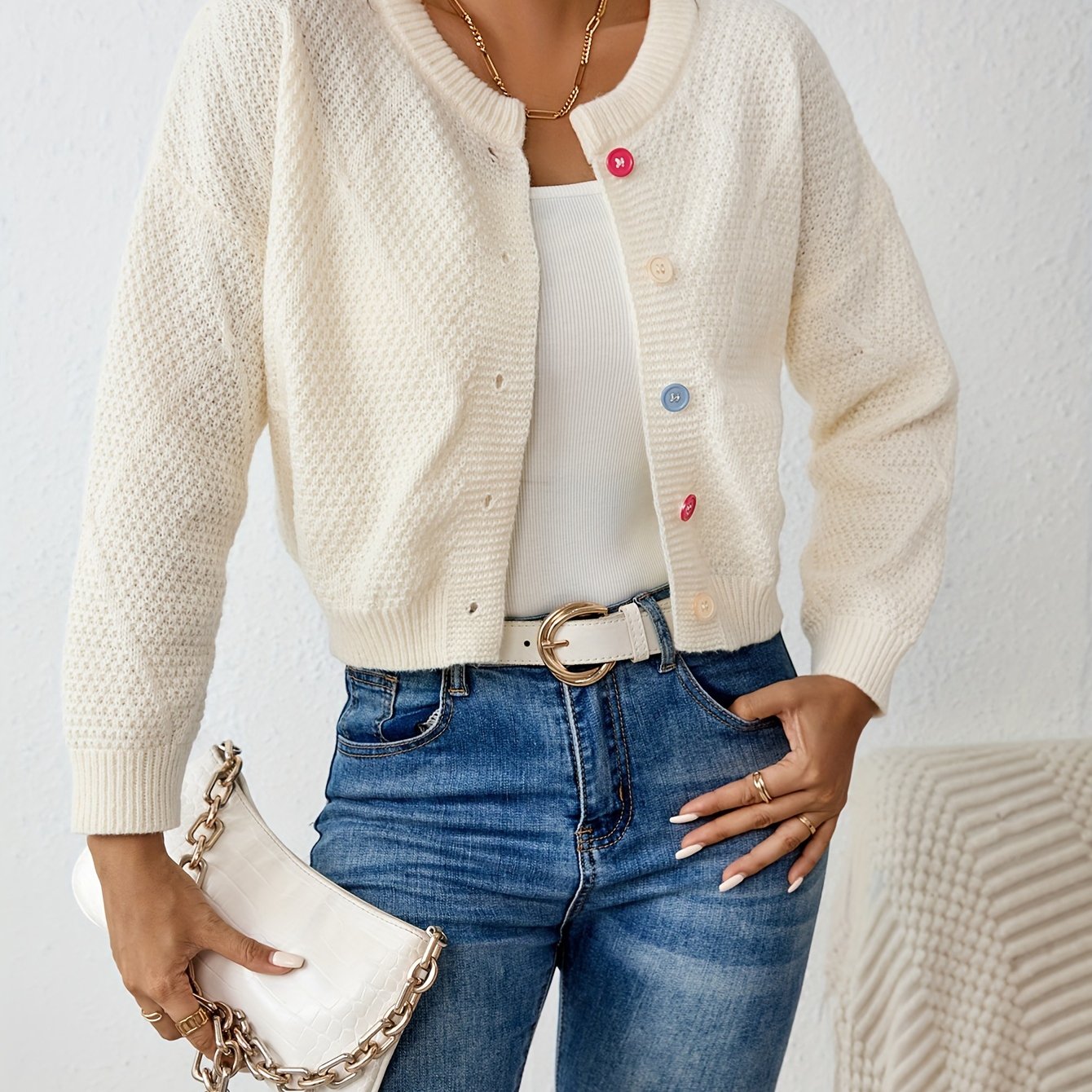 vlovelaw Solid Button Down Knit Cardigan, Elegant Crew Neck Long Sleeve Sweater, Women's Clothing