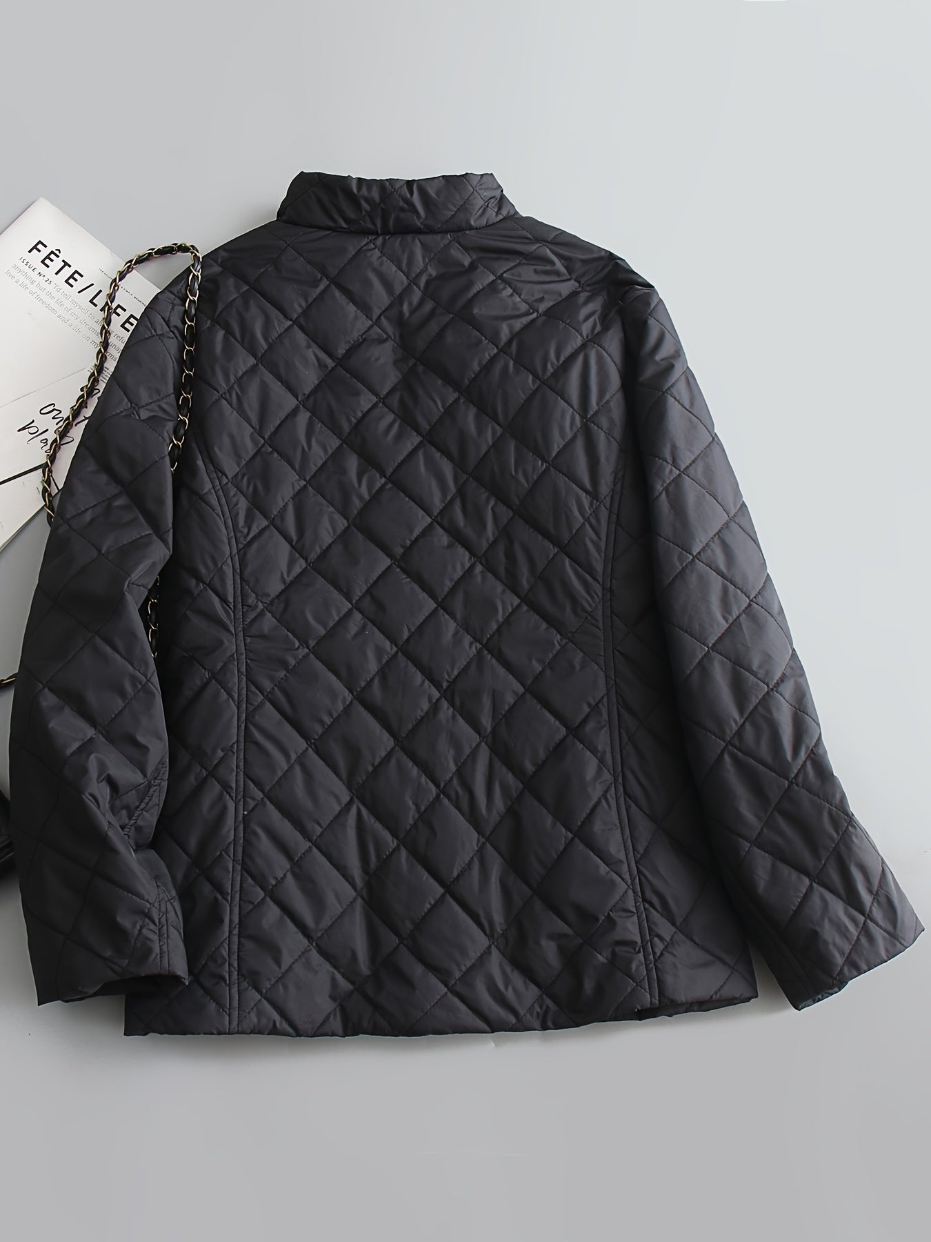 Plus Size Casual Coat, Women's Plus Solid Quilted Zipper Long Sleeve Mock Neck Puffer Coat With Pockets