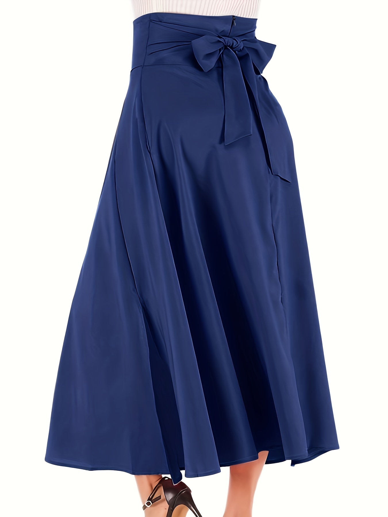 Plus Size Casual Skirt, Women's Plus Solid High Rise Belted Zipper Back A-line Skirt