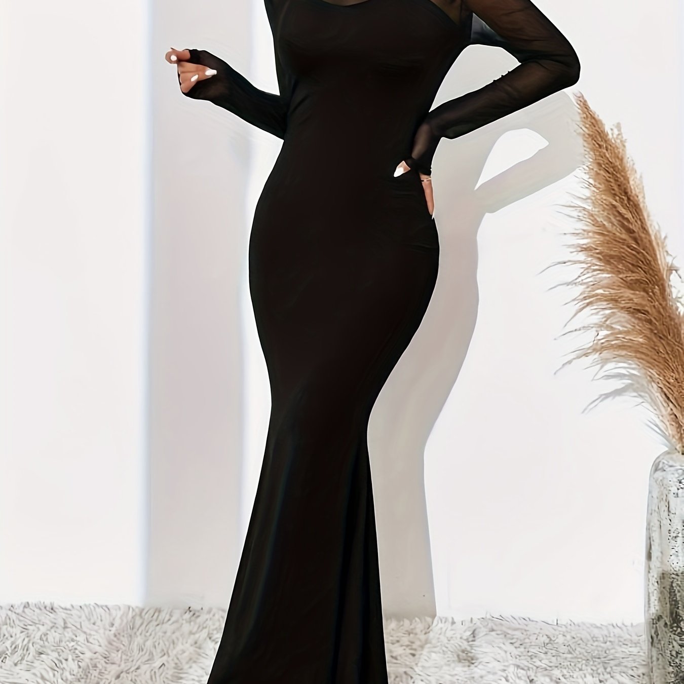 vlovelaw Mesh Stitching Mock Neck Dress, Casual Slim Long Sleeve Maxi Dress, Women's Clothing