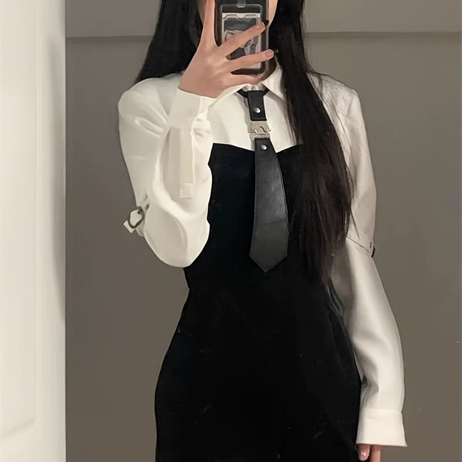 Black Detachable PU Leather Tie Punk Decorative Shirt Necktie Women's Personalized Street Outfits Tie