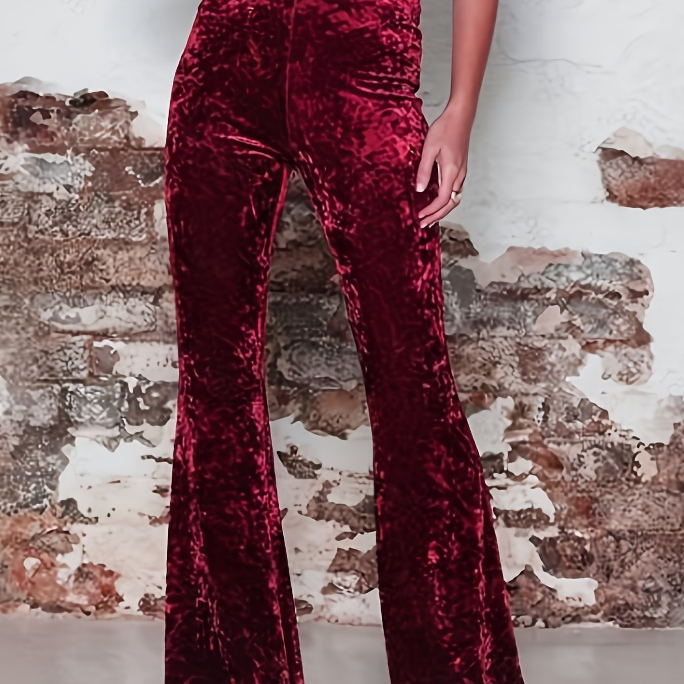vlovelaw High Waist Solid Velvet Pants, Boho Every Day Flare Leg Pants For All Season, Women's Clothing