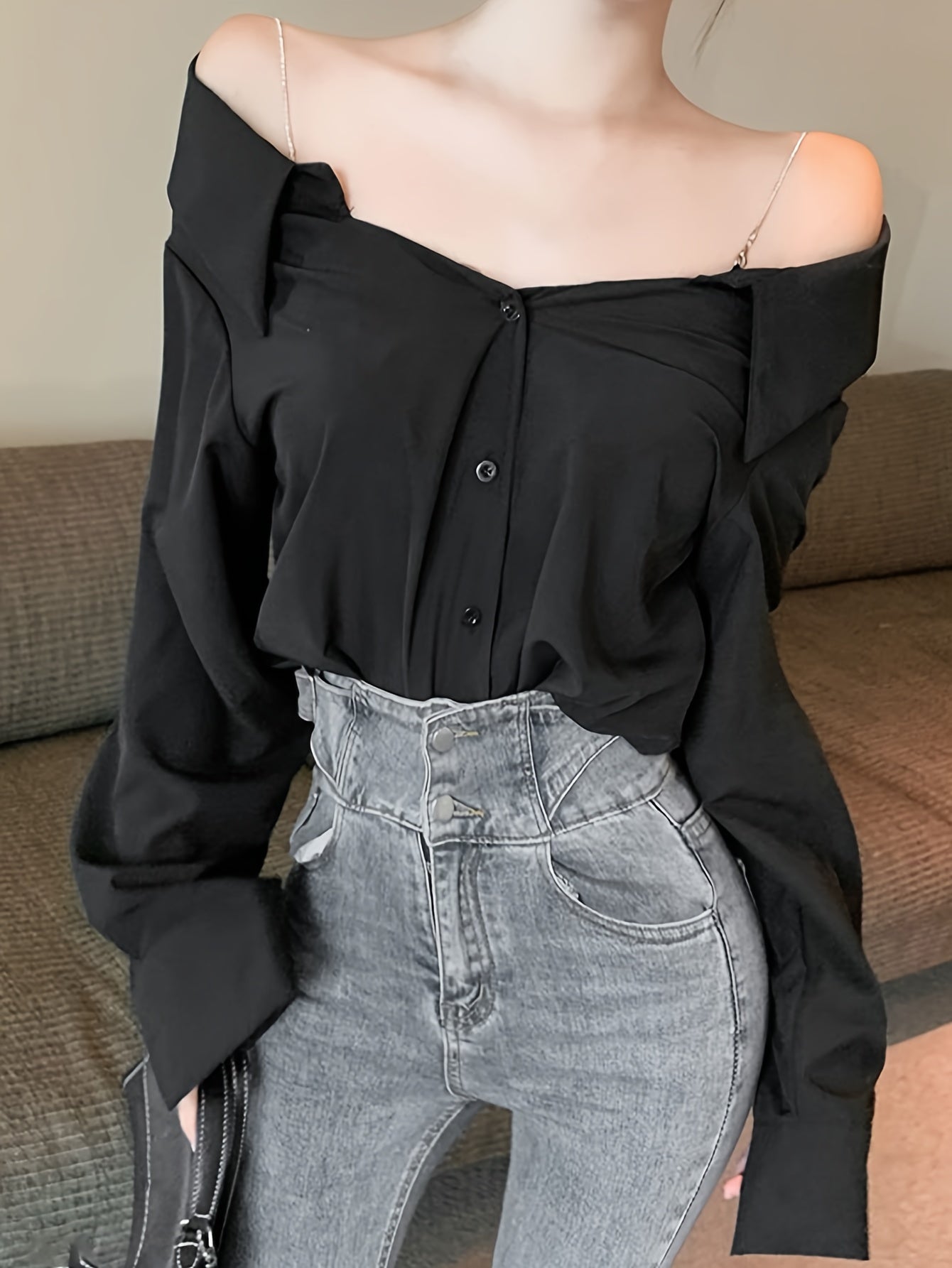 vlovelaw Solid Off Shoulder Button Front Blouse, Casual Long Sleeve Blouse For Spring & Fall, Women's Clothing