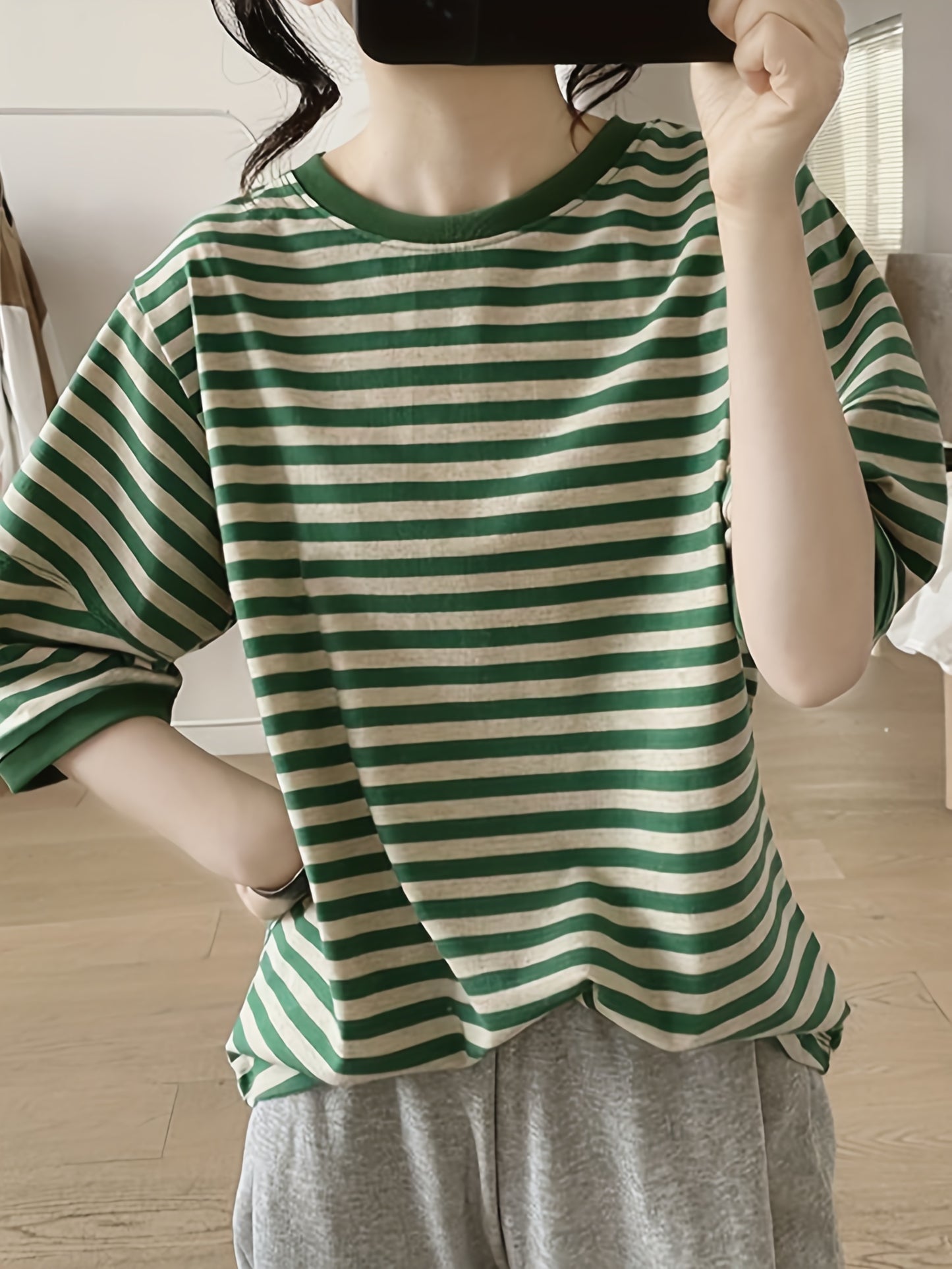 vlovelaw Crew Neck Striped T-Shirt, Random Print Casual Top For Summer & Spring, Women's Clothing
