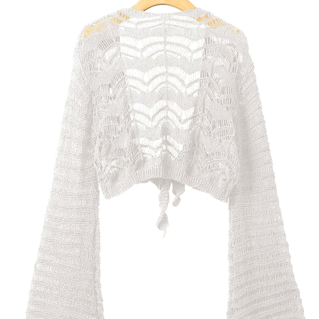 vlovelaw vlovelaw Crochet Cropped Knit Cardigan, Boho Flared Sleeve Solid Sweater, Women's Clothing