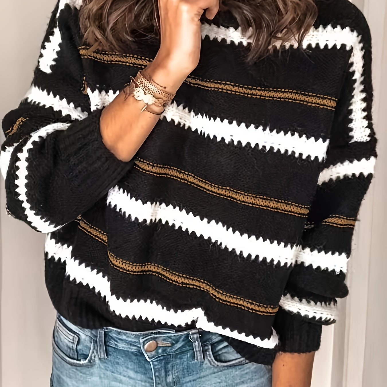 vlovelaw Striped Pattern Crew Neck Knitted Top, Casual Long Sleeve Pullover Sweater For Fall & Winter, Women's Clothing
