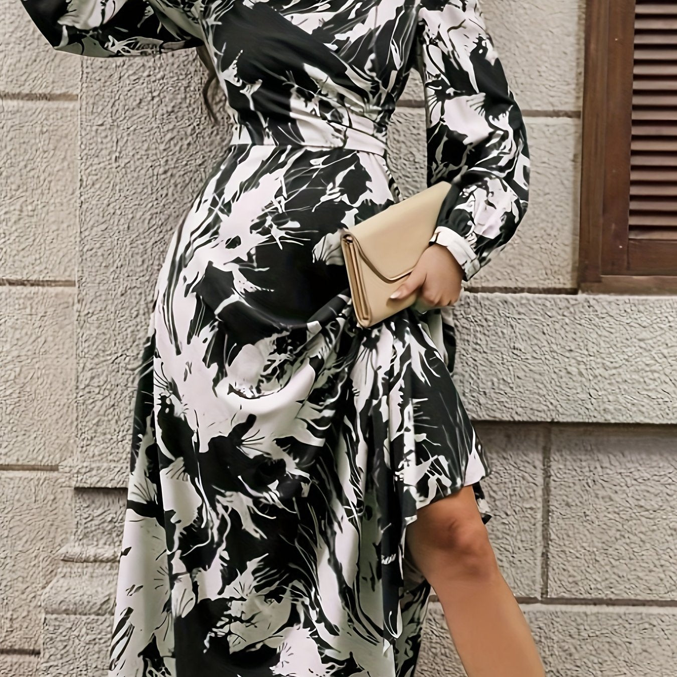 vlovelaw Graphic Print Crew Neck Dress, Elegant Long Sleeve Dress For Spring & Fall, Women's Clothing