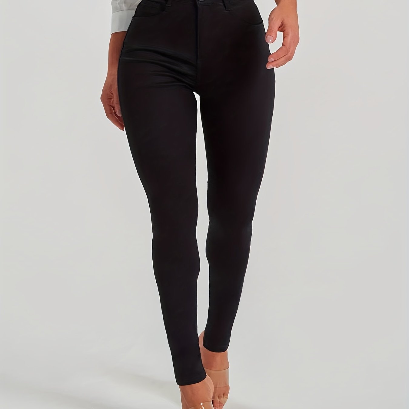 Solid Black Skinny Jeans, High Stretch Mid Rise Stylish Plain Denim Pants, Essential Basic Pants For Every Day, Women's Denim Jeans & Clothing