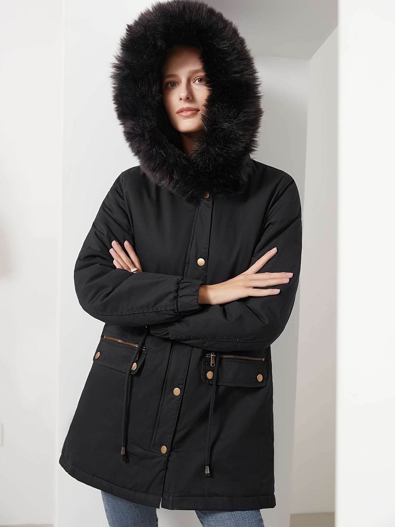 100% Solid Color Women's Mid-Length Thickened Fleece-Lined Warm Cotton Parka Coat with Faux Fur Hood - Casual Polyester Winter Fashion Jacket