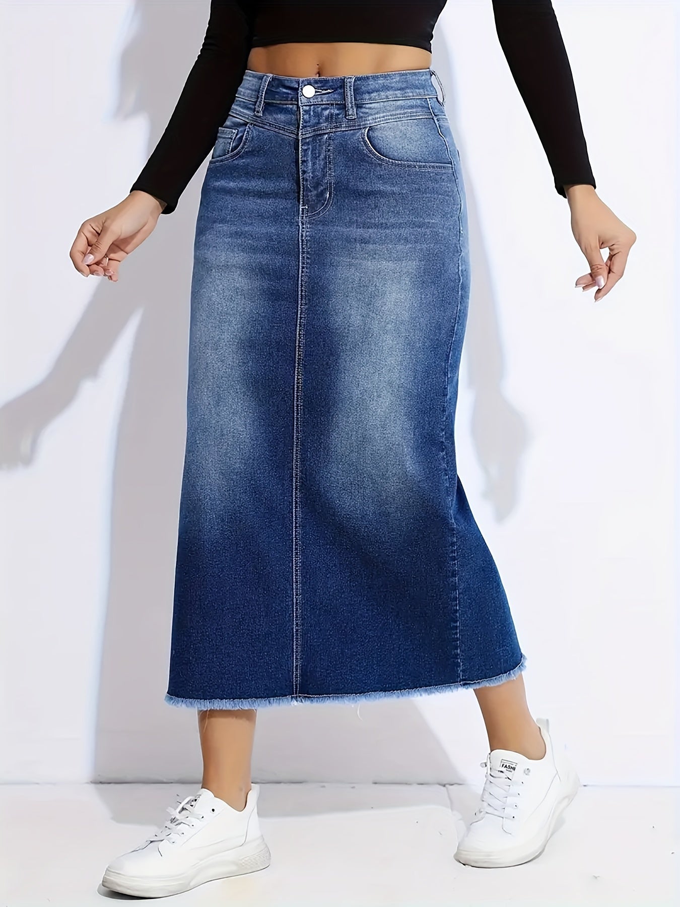 Blue Raw Hem Denim Skirt, High-Stretch Slant Pockets Split Back Denim Midi Skirt, Women's Denim Clothing