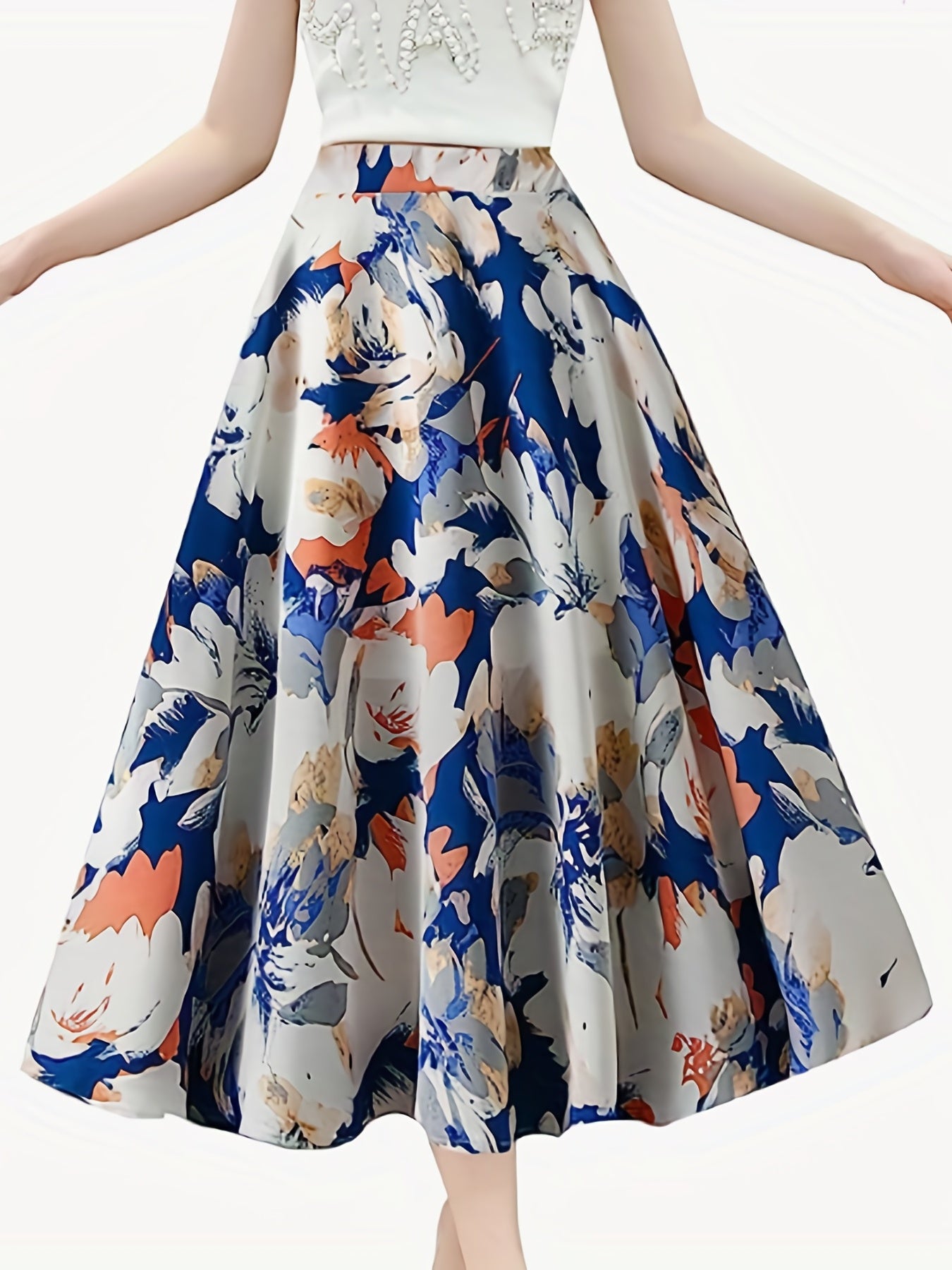 Plus Size Elegant Skirt, Women's Plus Floral Print Elastic High Rise Swing A-line Maxi Skirt