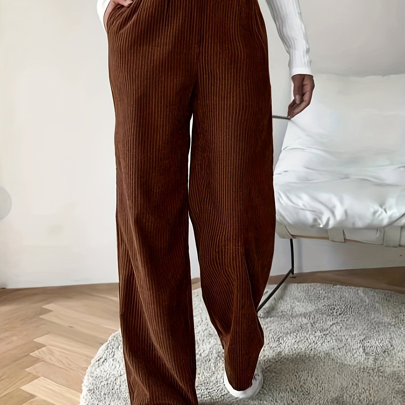 vlovelaw Plus Size Elegant Pants, Women's Plus Solid Corduroy Button Fly High Rise Slight Stretch Wide Leg Trousers With Pockets