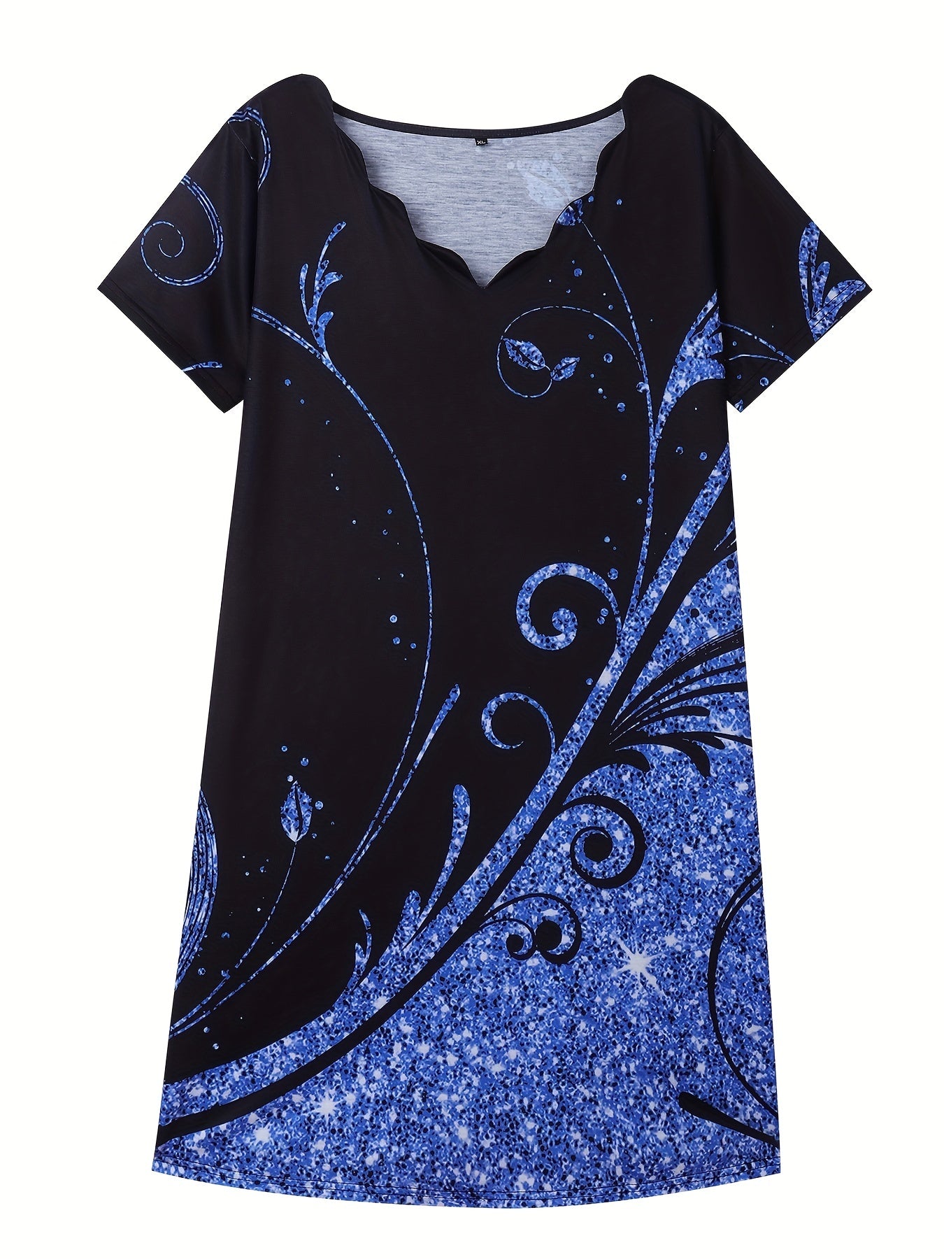 vlovelaw Plus Size Casual Dress, Women's Plus Glitter Baroque Print Short Sleeve V Neck Scallop Trim Slight Stretch Dress