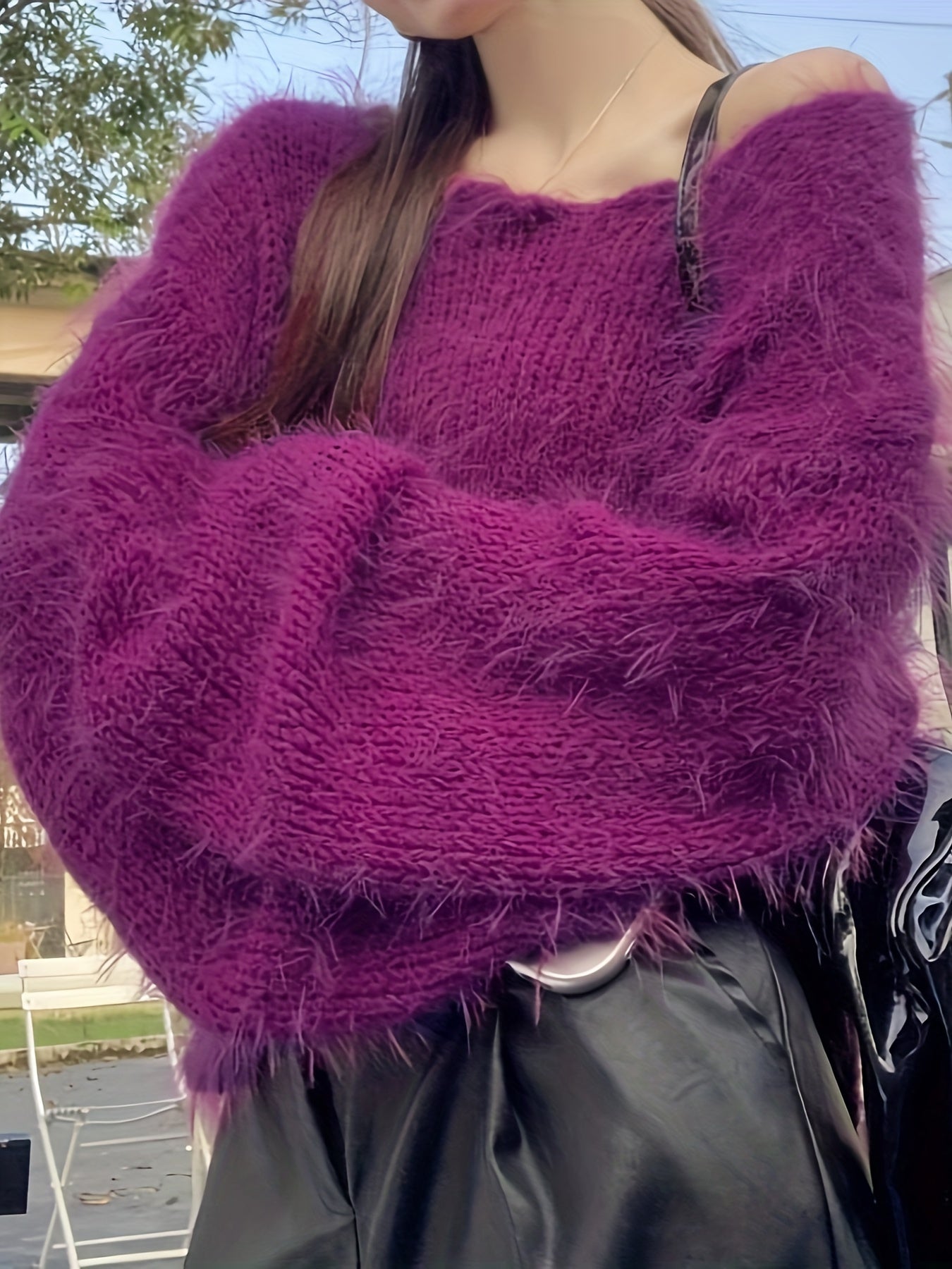 vlovelaw Solid Crew Neck Plush Pullover Sweater, Casual Long Sleeve Loose Cozy Sweater, Women's Clothing