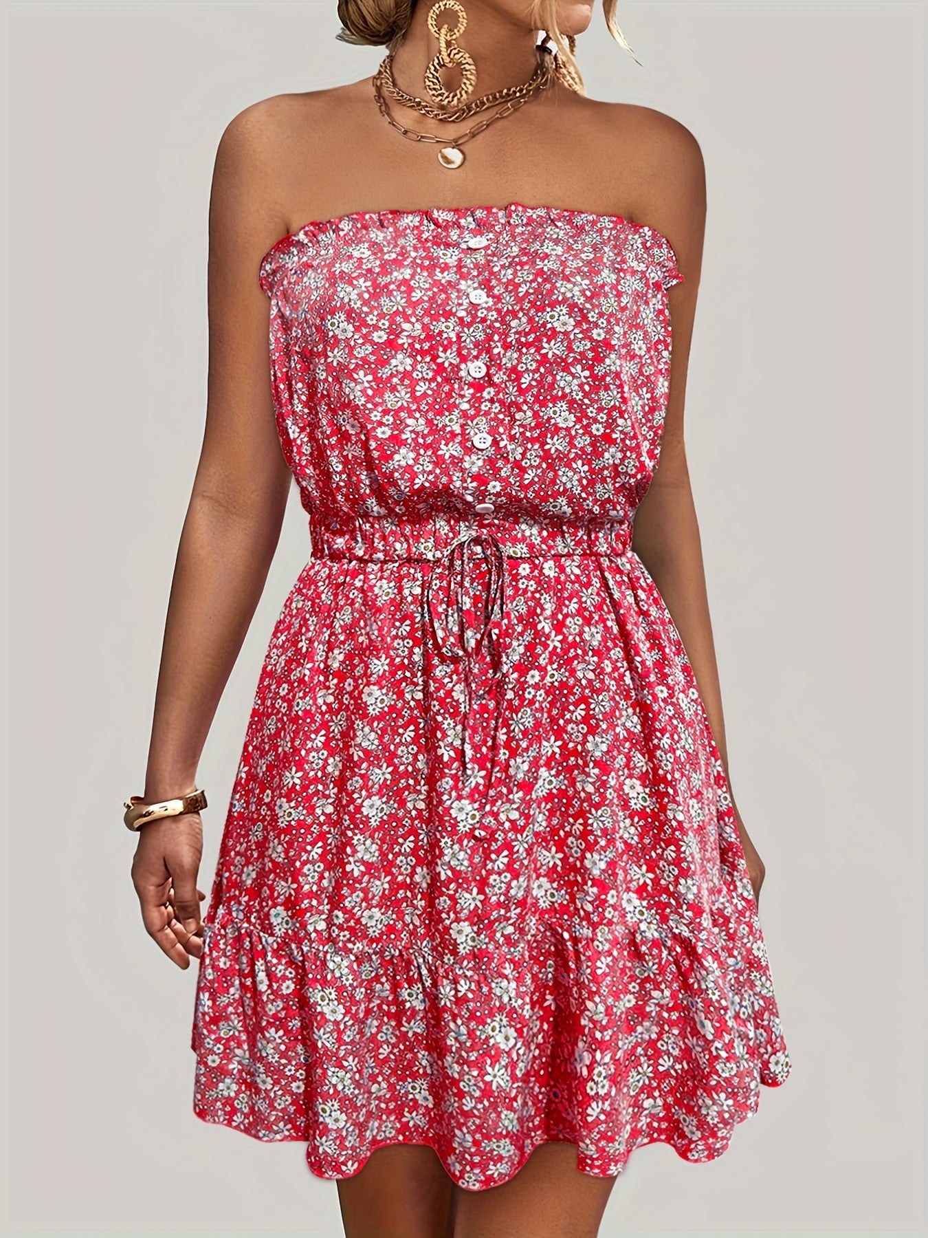Ditsy Floral Off Shoulder Dress, Sexy Sleeveless Drawstring Summer Dress, Women's Clothing