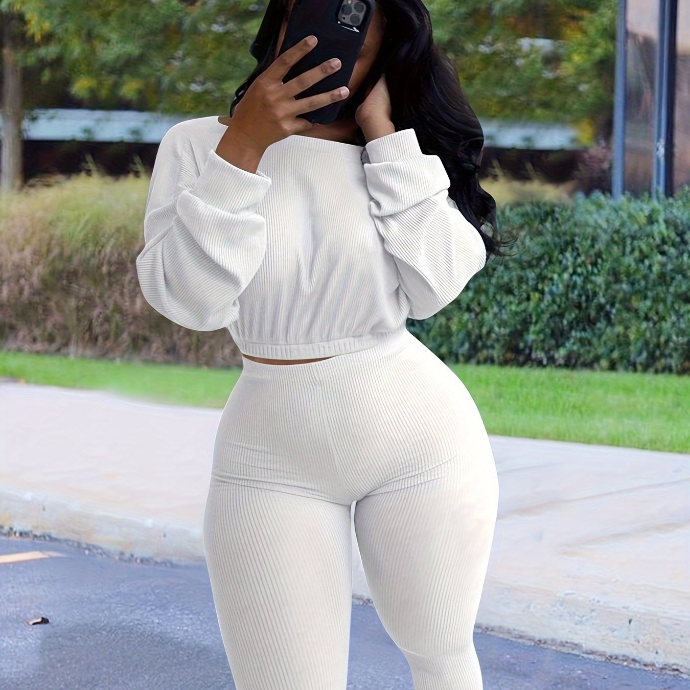 vlovelaw Solid Casual Two-piece Set, Crew Neck Long Sleeve Tops & High Waist Pants Outfits, Women's Clothing
