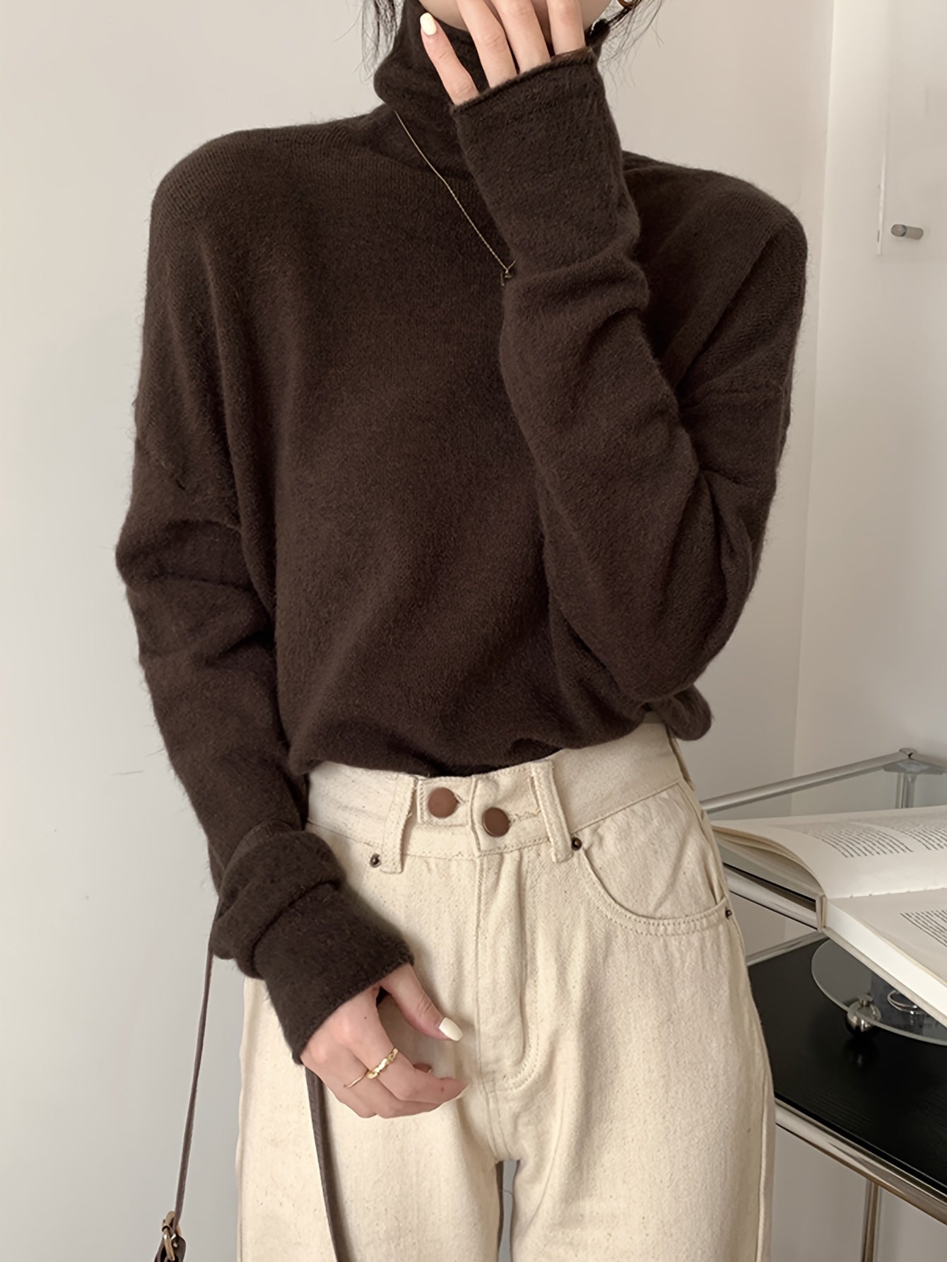 vlovelaw Solid Turtle Neck Pullover Sweater, Casual Long Sleeve Versatile Inner Wear Sweater, Women's Clothing