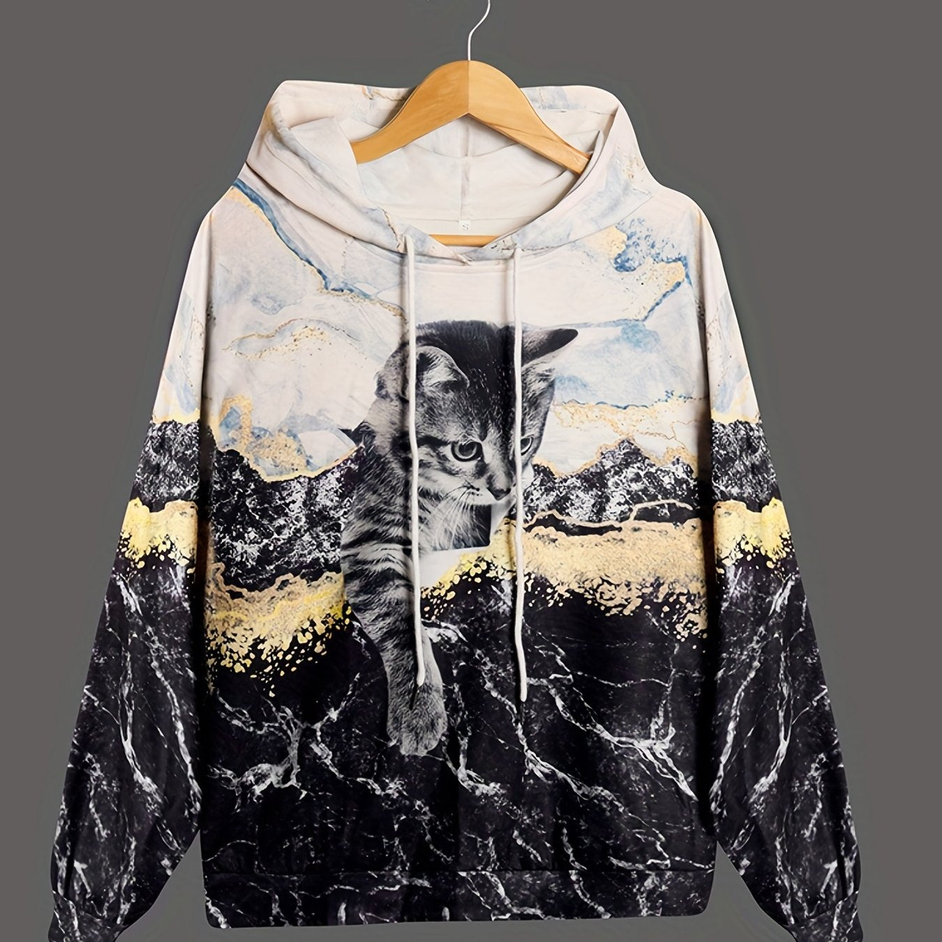 Cat Print Casual Sports Hooded Sweatshirs, Long Sleeve Drawstring Hoodie, Women's Sporty Sweatshirts