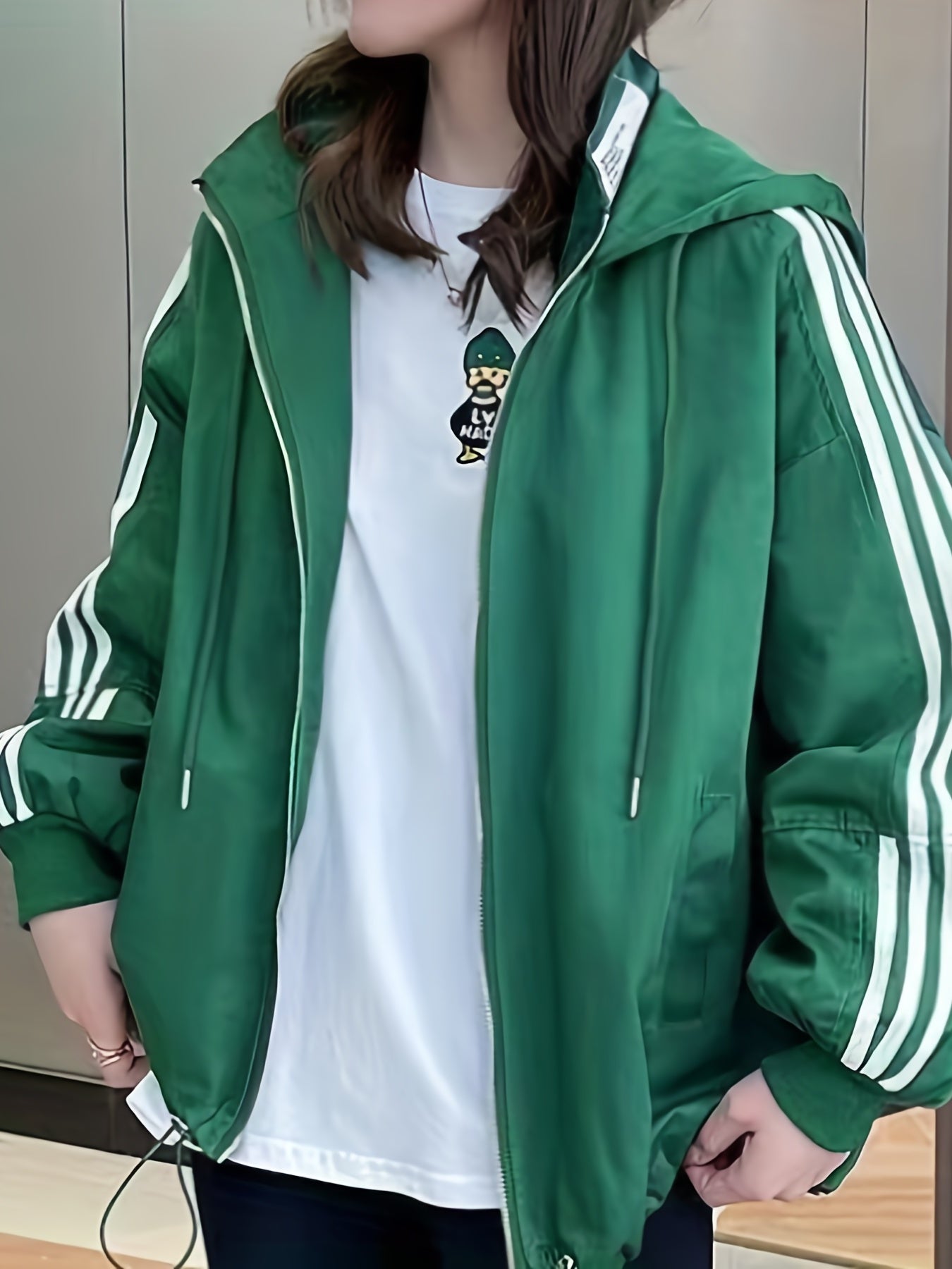 vlovelaw  Striped Print Zip Up Jacket, Casual Drawstring Hooded Jacket, Women's Clothing