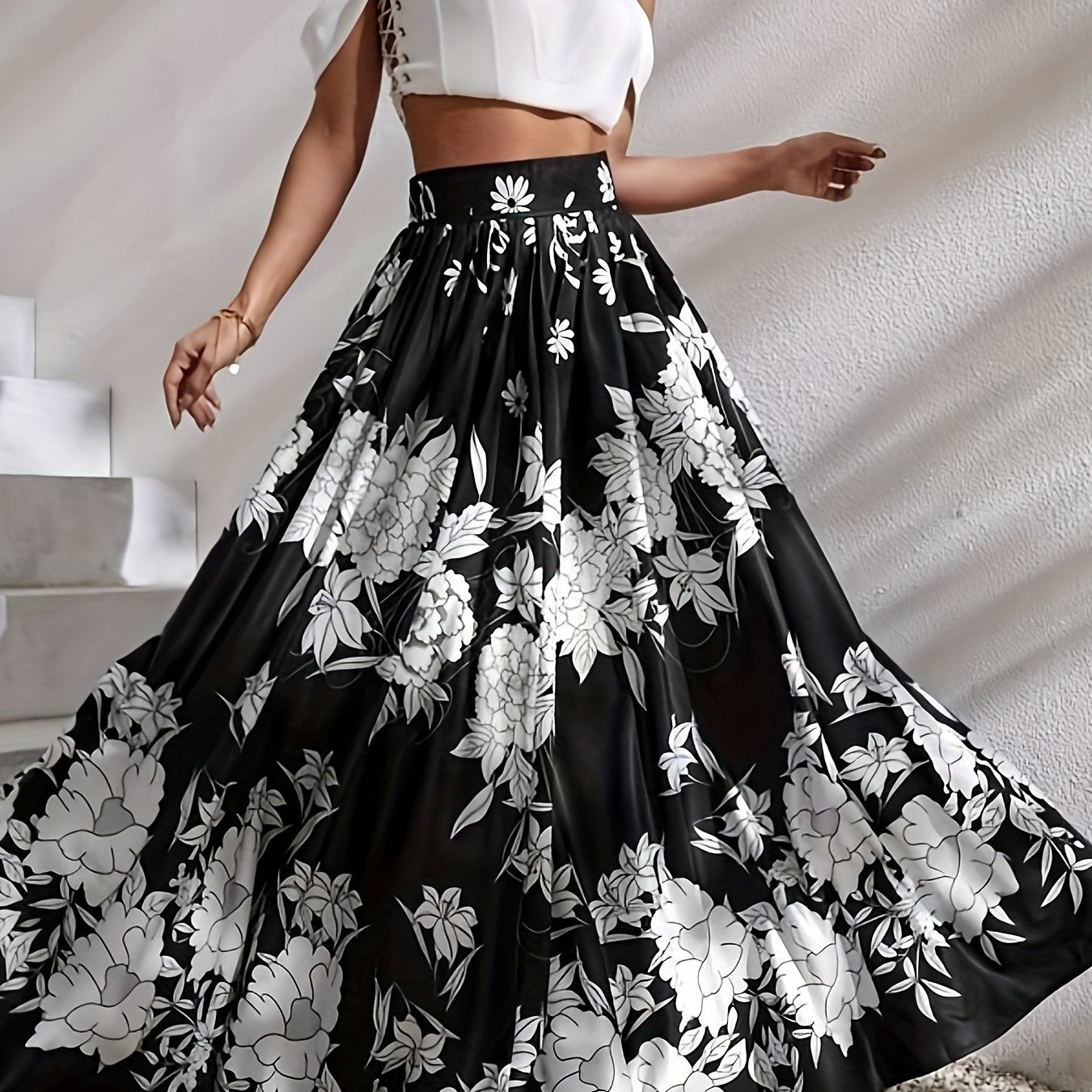 vlovelaw  Floral Print High Waist Flared Skirt, Elegant Big Swing Maxi Skirt, Women's Clothing