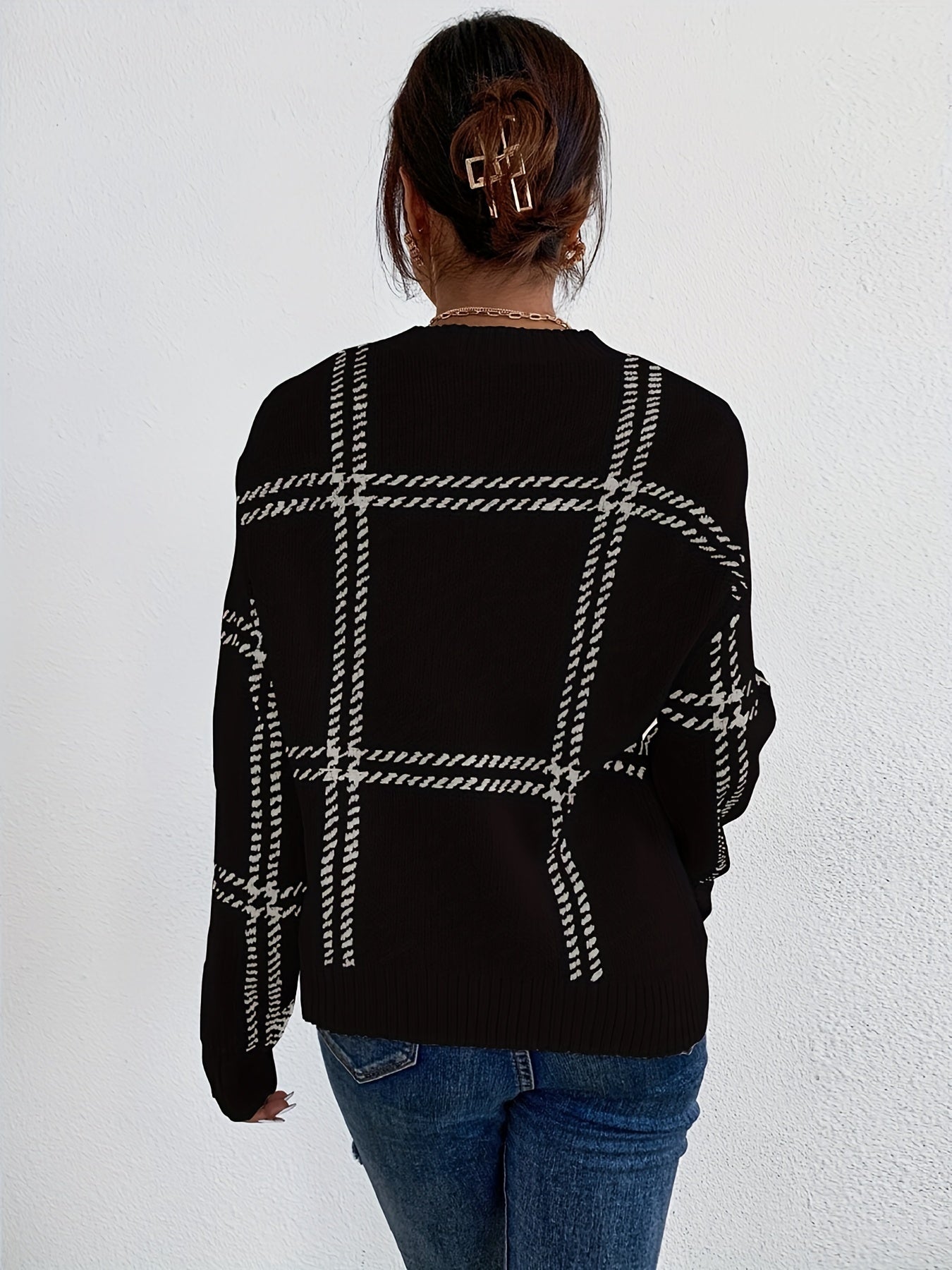 vlovelaw Plaid Crew Neck Pullover Sweater, Casual Long Sleeve Drop Shoulder Sweater For Fall & Winter, Women's Clothing