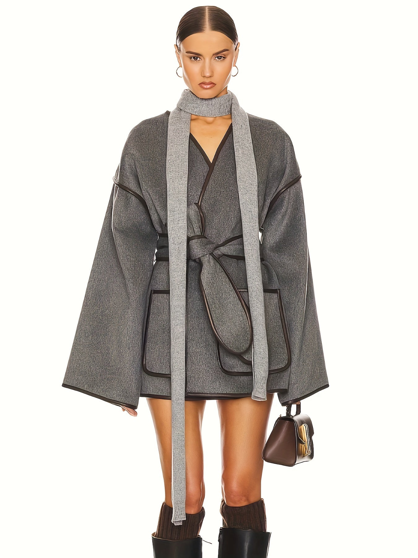 vlovelaw Contrast Trim Open Front Tied Coat, Stylish Long Sleeve Dual Pocket Jacket For Fall & Winter, Women's Clothing