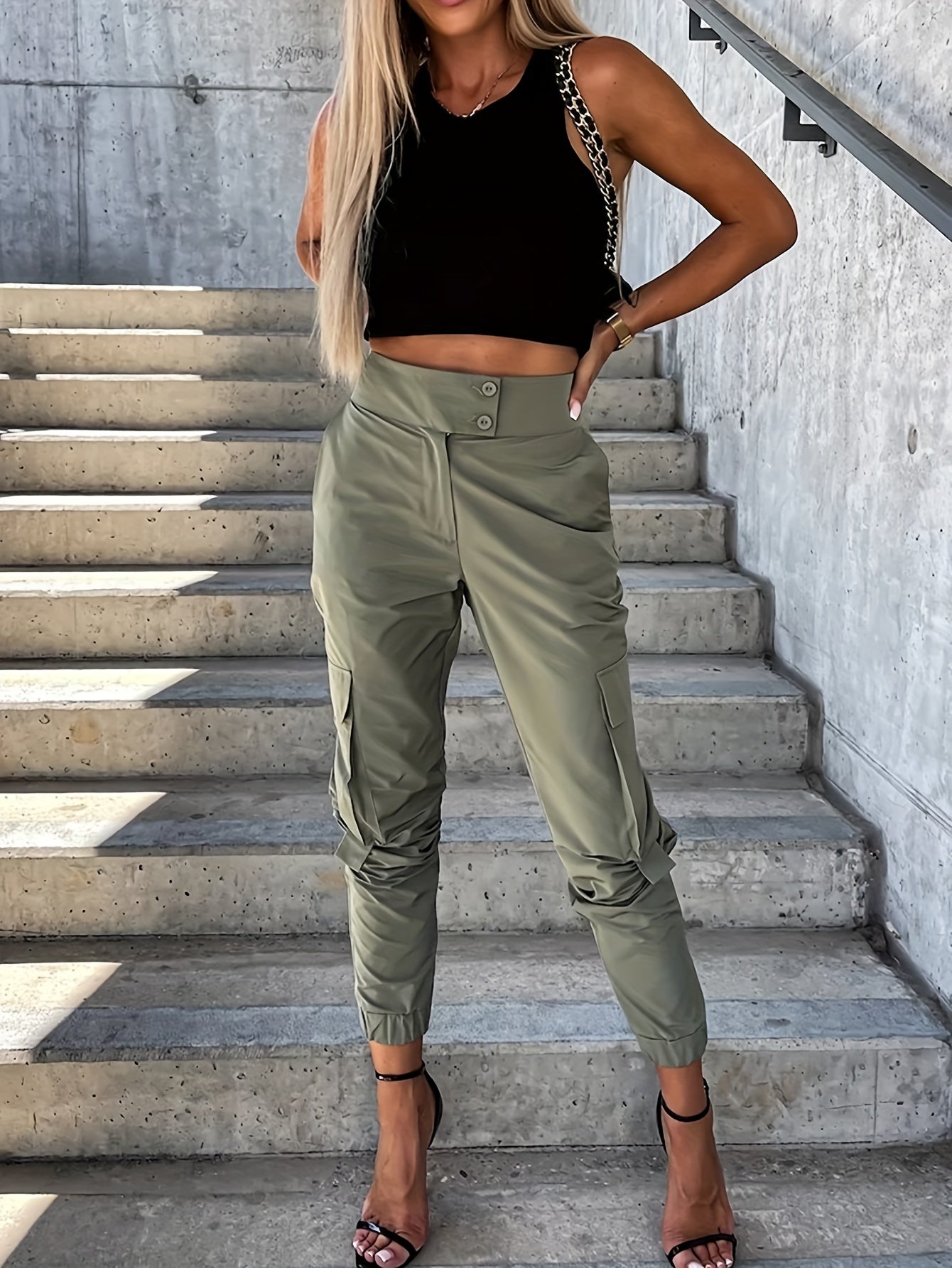 Solid Flap Pocket Jogger Cargo Pants, Vintage High Waist Fashion Pants, Women's Clothing