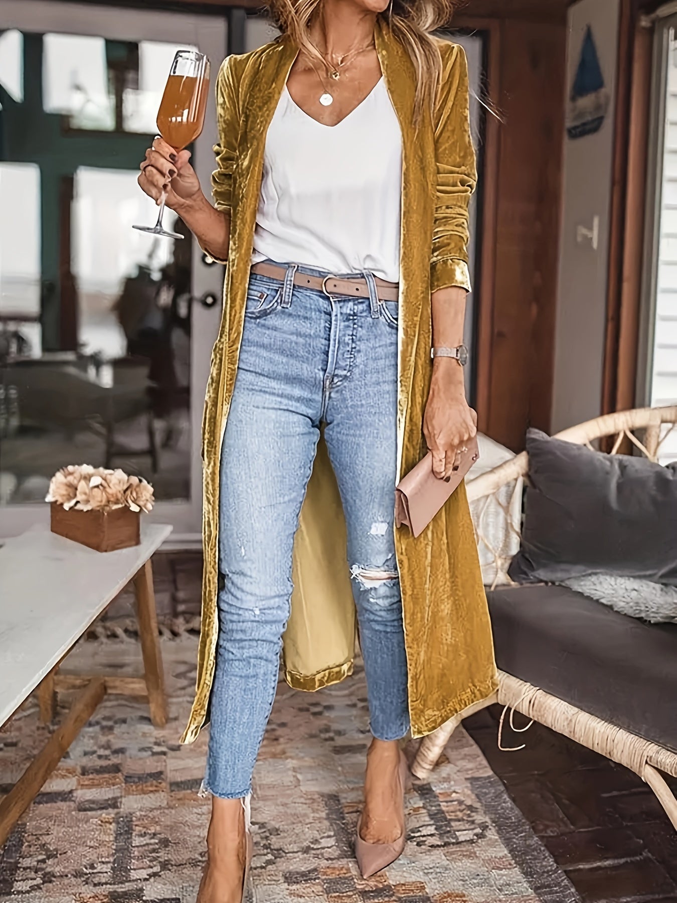Velvet V-neck Loose Mid Length Cardigans, Casual Pocket Solid Color Long Sleeve Spring Fall Cardigan, Women's Clothing