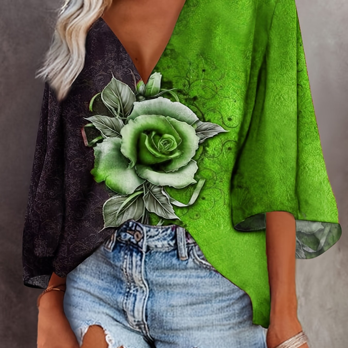 Plus Size Rose Print Bat Sleeve V Neck Top, Women's Plus Medium Stretch Casual T-shirt