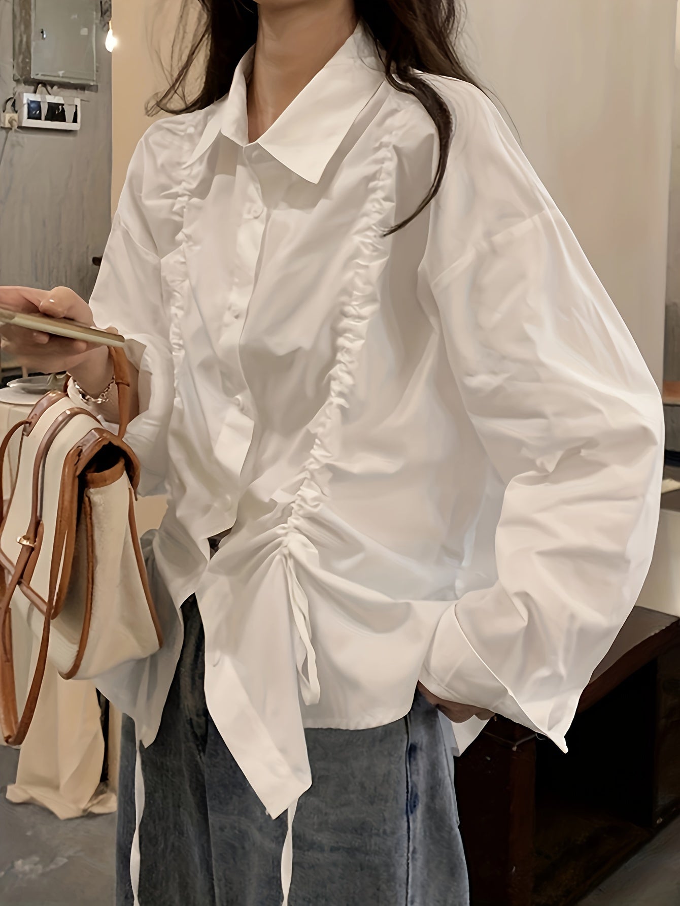 vlovelaw Solid Drawstring Ruched Button Front Shirt, Casual Long Sleeve Drop Shoulder Shirt For Spring & Fall, Women's Clothing
