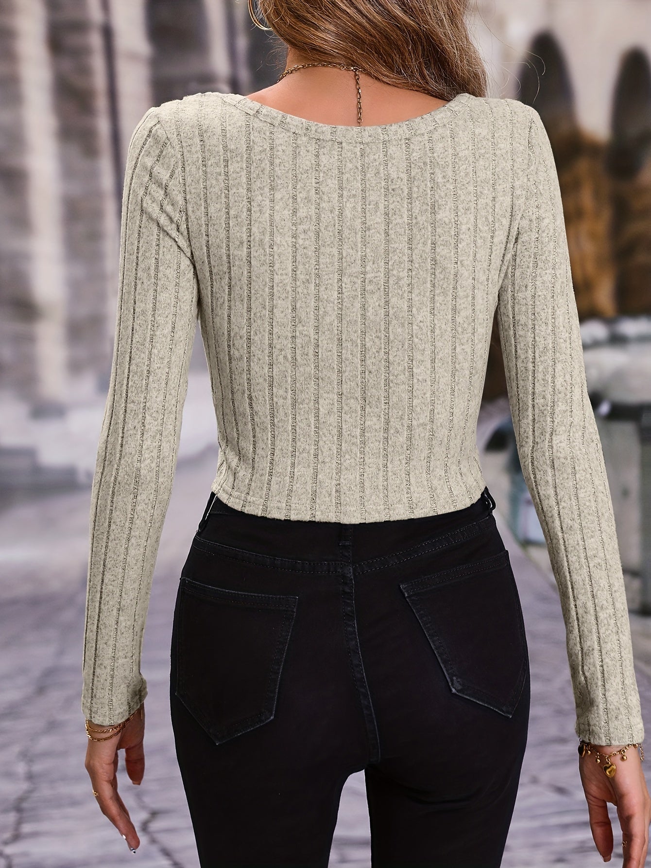 vlovelaw Solid Stripe Textured Crop T-Shirt, Cute Long Sleeve Knit Top For Spring & Summer, Women's Clothing