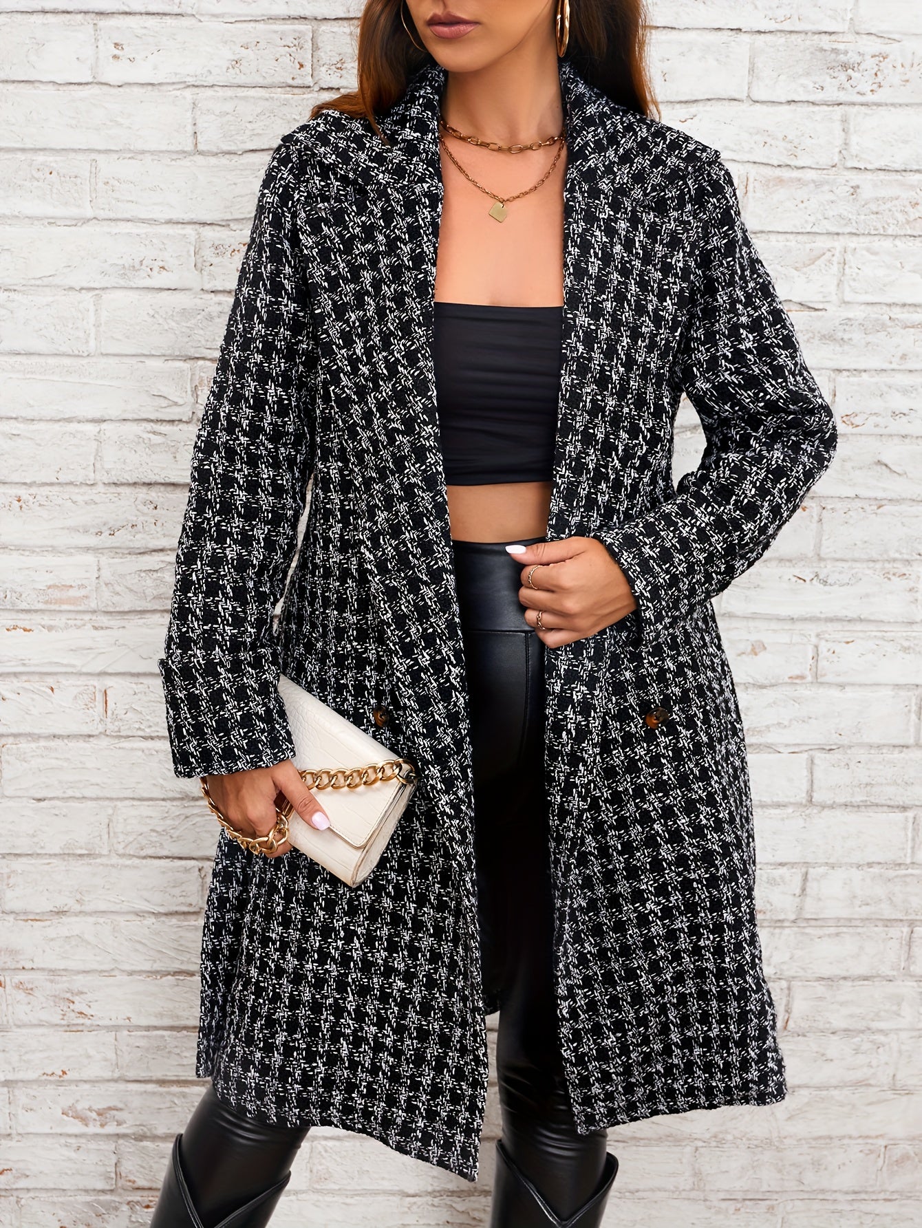 Houndstooth Pattern Double Breasted Overcoat, Elegant Lapel Long Sleeve Outerwear, Women's Clothing