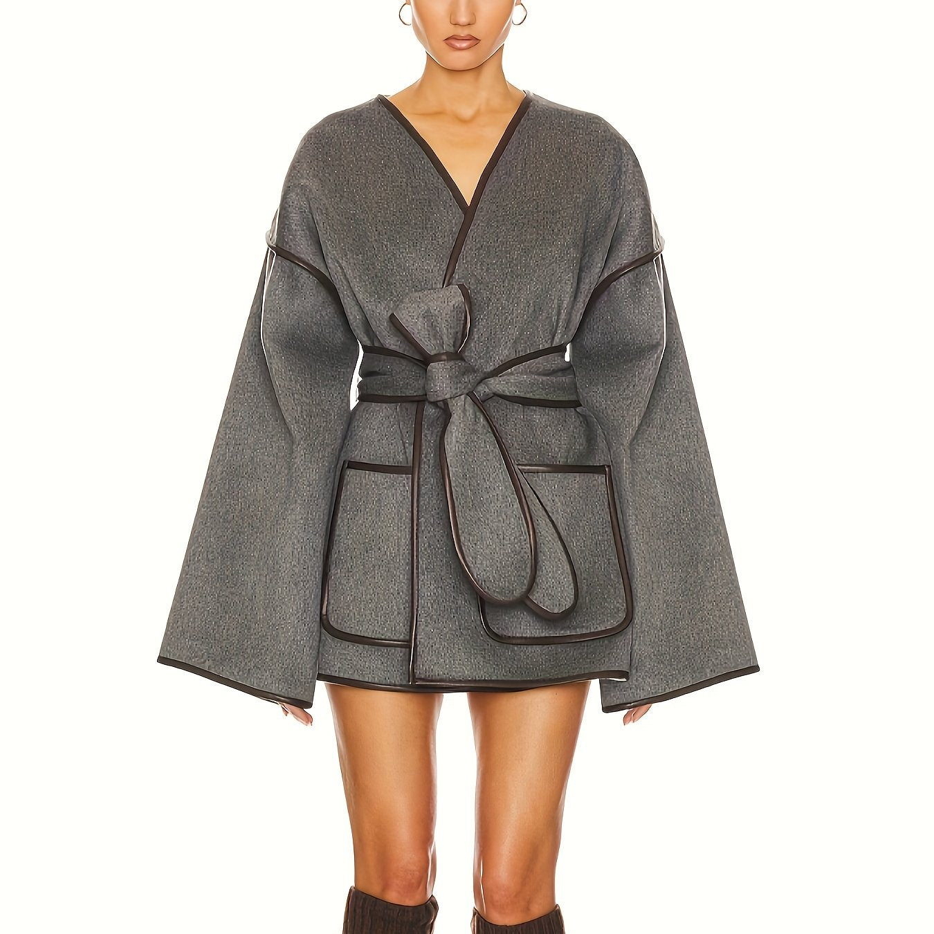 vlovelaw Contrast Trim Open Front Tied Coat, Stylish Long Sleeve Dual Pocket Jacket For Fall & Winter, Women's Clothing