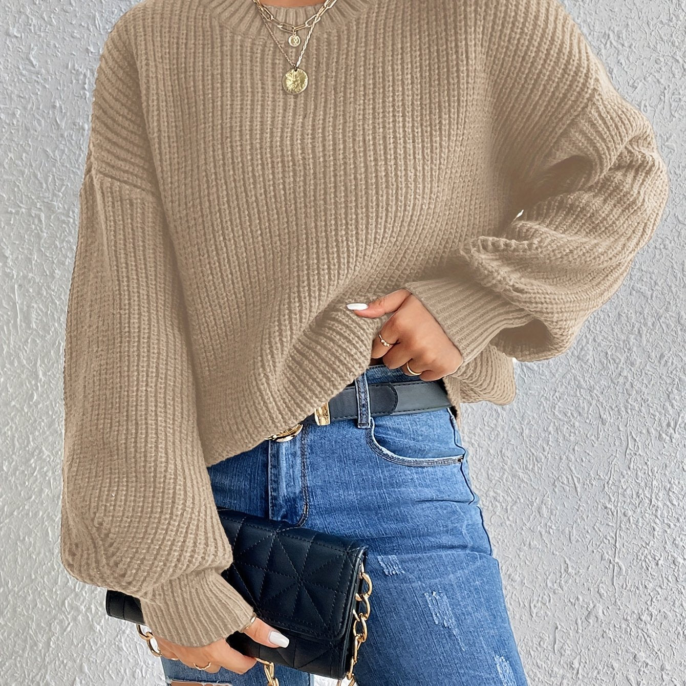 vlovelaw Solid Crew Neck Pullover Sweater, Casual Long Sleeve Sweater For Fall & Winter, Women's Clothing