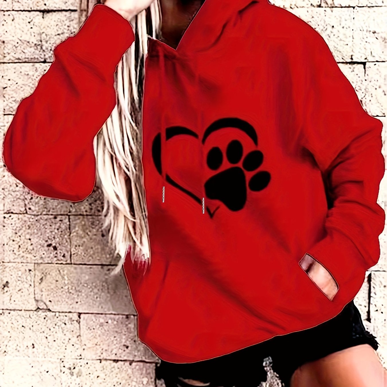 vlovelaw Plus Size Casual Sweatshirt, Women's Plus Paw Heart Print Long Sleeve Medium Stretch Drawstring Hoodie With Pocket