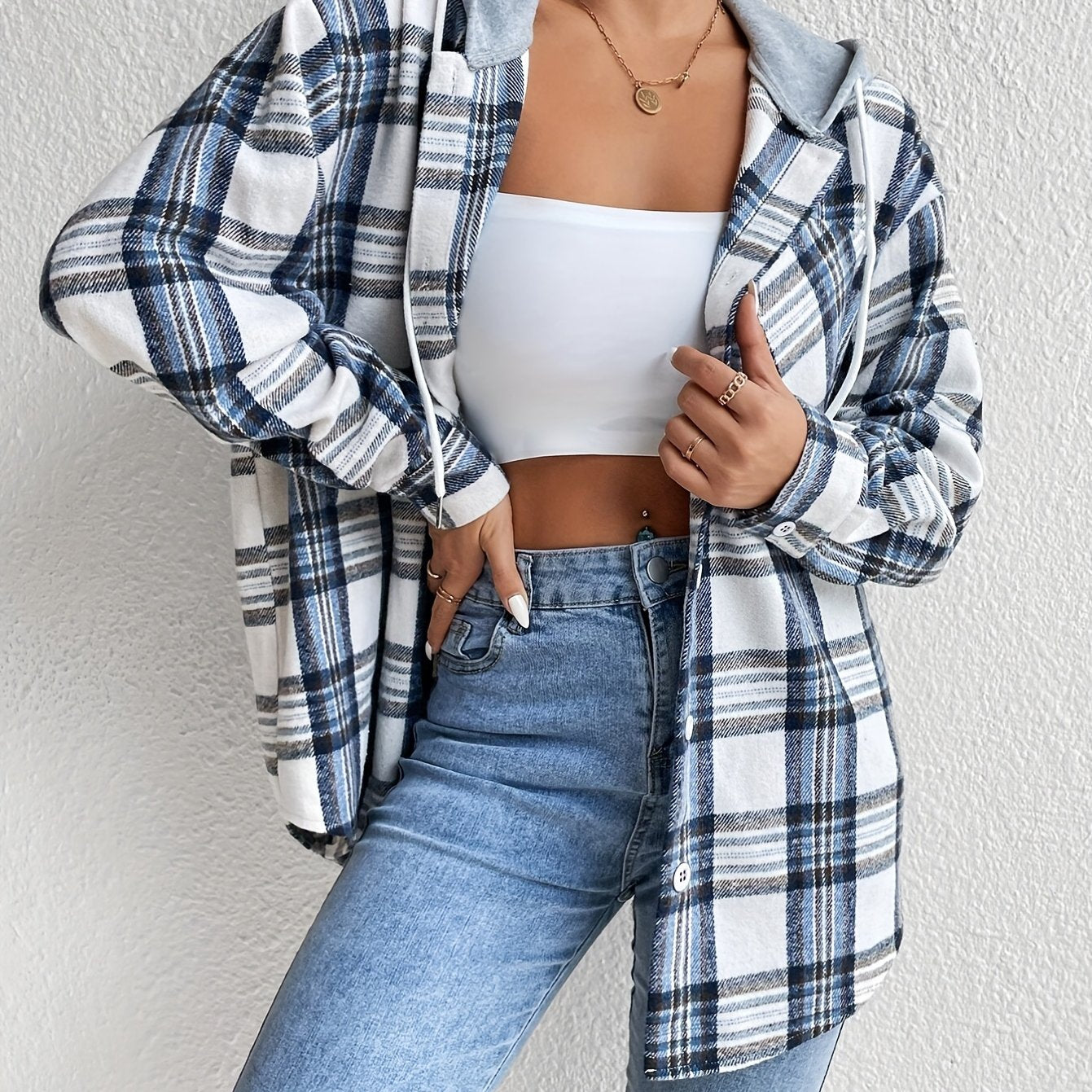 vlovelaw  Button Plaid Hoodie Drawstring Jacket, Casual Long Sleeve Jacket For Fall & Winter, Women's Clothing